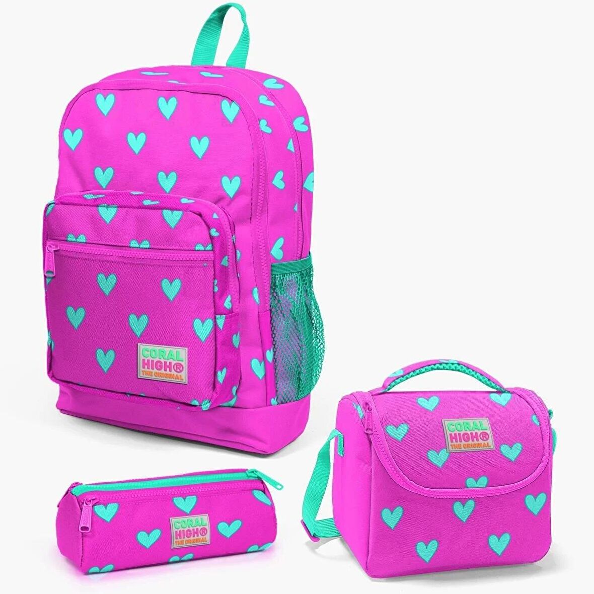 Coral High Kids Neon Pembe Su Yeşili Kalp Desenli 3’lü Okul Çanta Seti SET23113