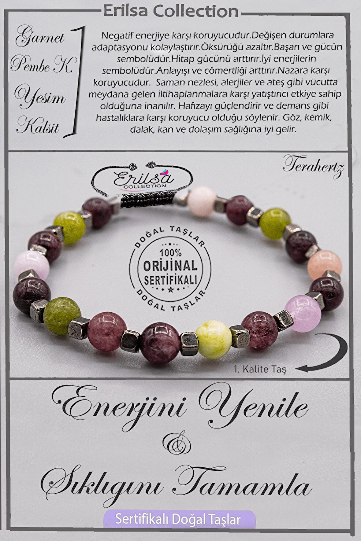 Serifikalı AAA+ Kalite Doğal Terahertz - Lal Pembe Kuvars Yeşim ve Kalsit Enerji Bilekliği