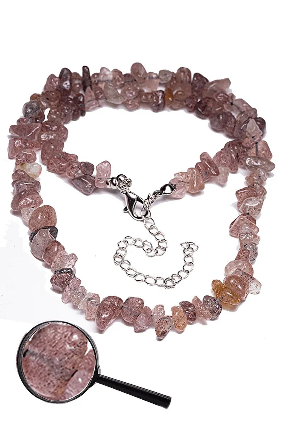 Sertifikalı Kırık Taşlı Çilek Kuvars Taşı Doğal Taş Kolye