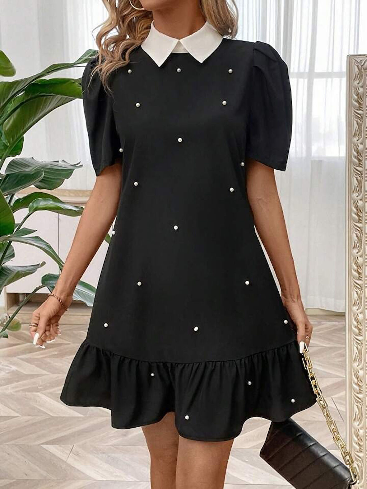 Aesco Kadın Kısa Kollu Yakalı Inci Detaylı Kısa Ithal Krep Elbise