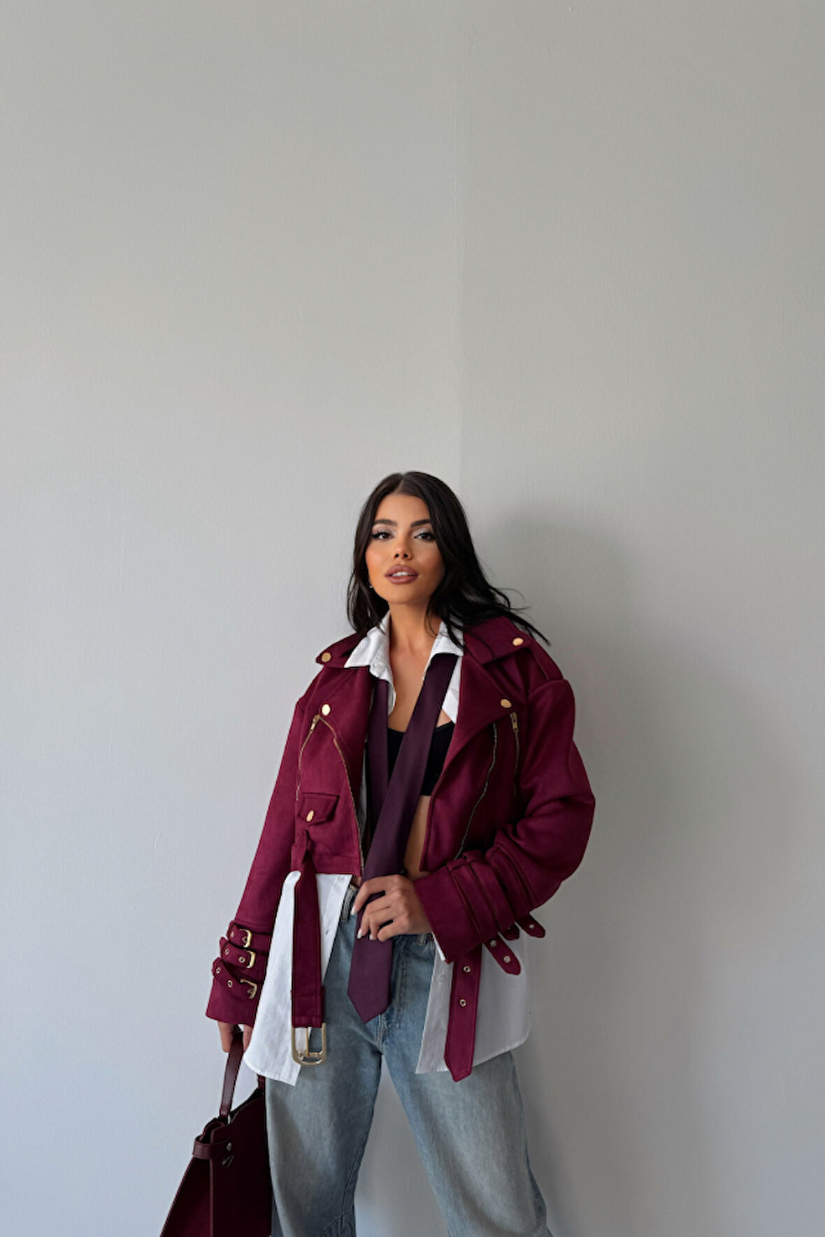 Aesco SÜET CROP CEKET KOL 3 KEMER DETAYLI - Bordo