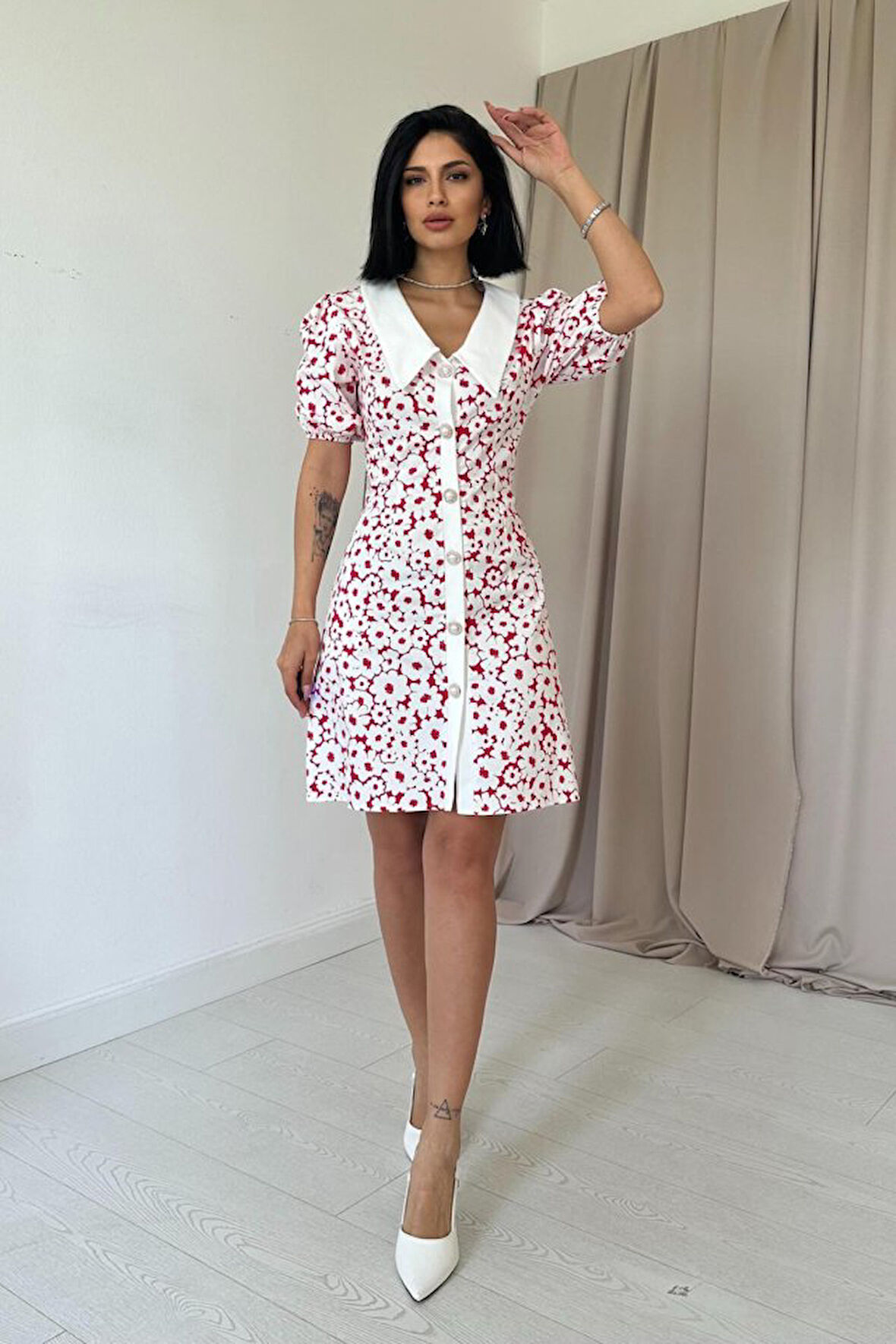 Aesco Fuşya Önlük Yakalı Poplin Elbise