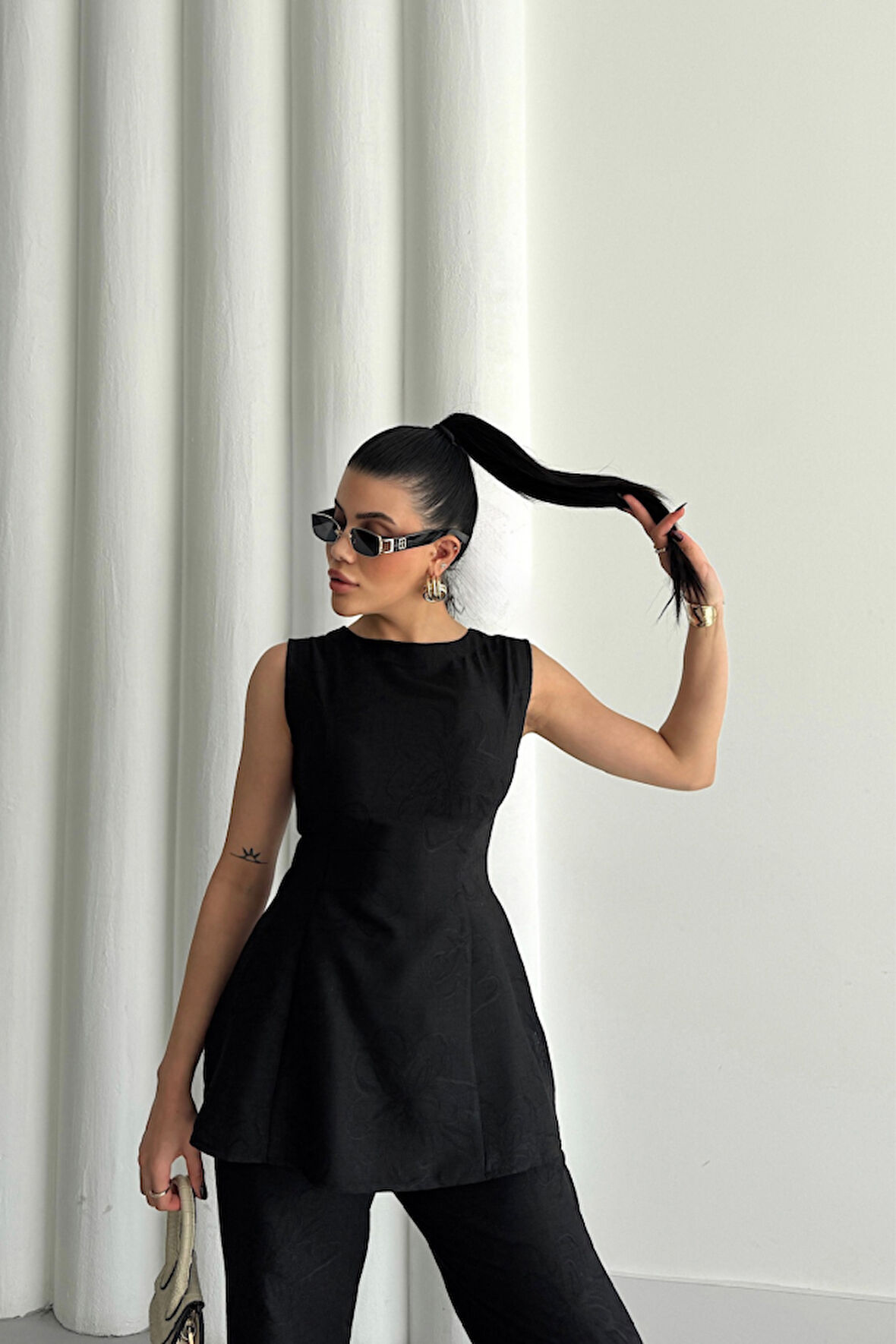 Aesco JAKAR KETEN KOLSUZ BLUZ-PANTOLON TK - Siyah