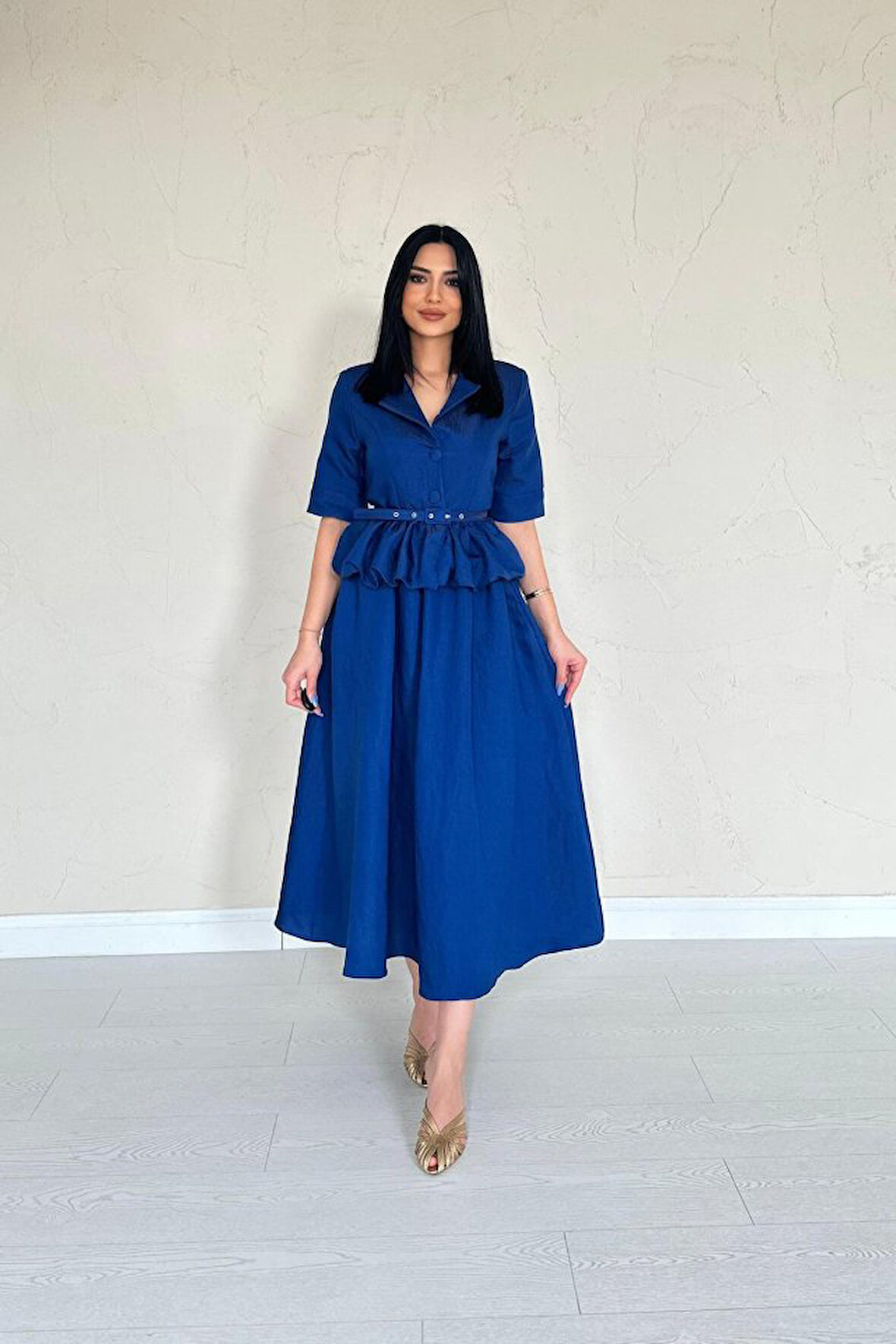 Aesco Lacivert İnce Kemerli Fırfırlı Ceket Ve Büzgülü Etek Takım