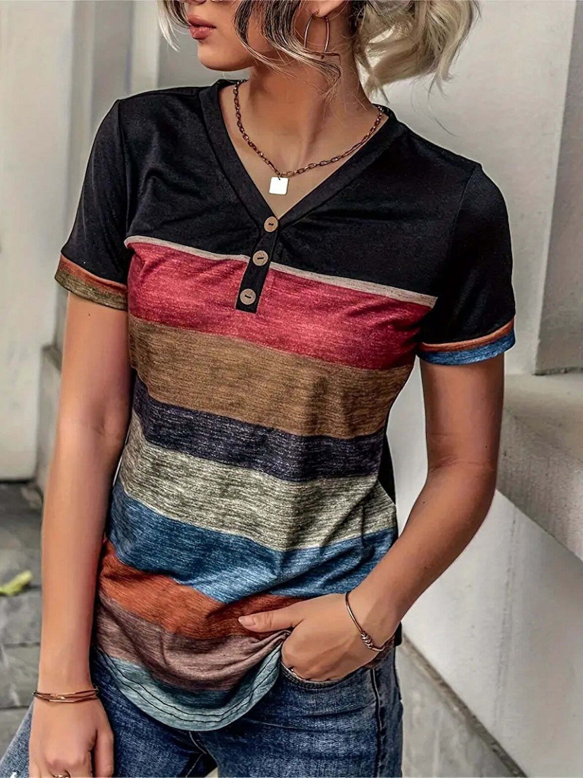 Aesco Kadın Kısa Kollu V Yakalı Düğmeli çok Renkli Süprem Bluz