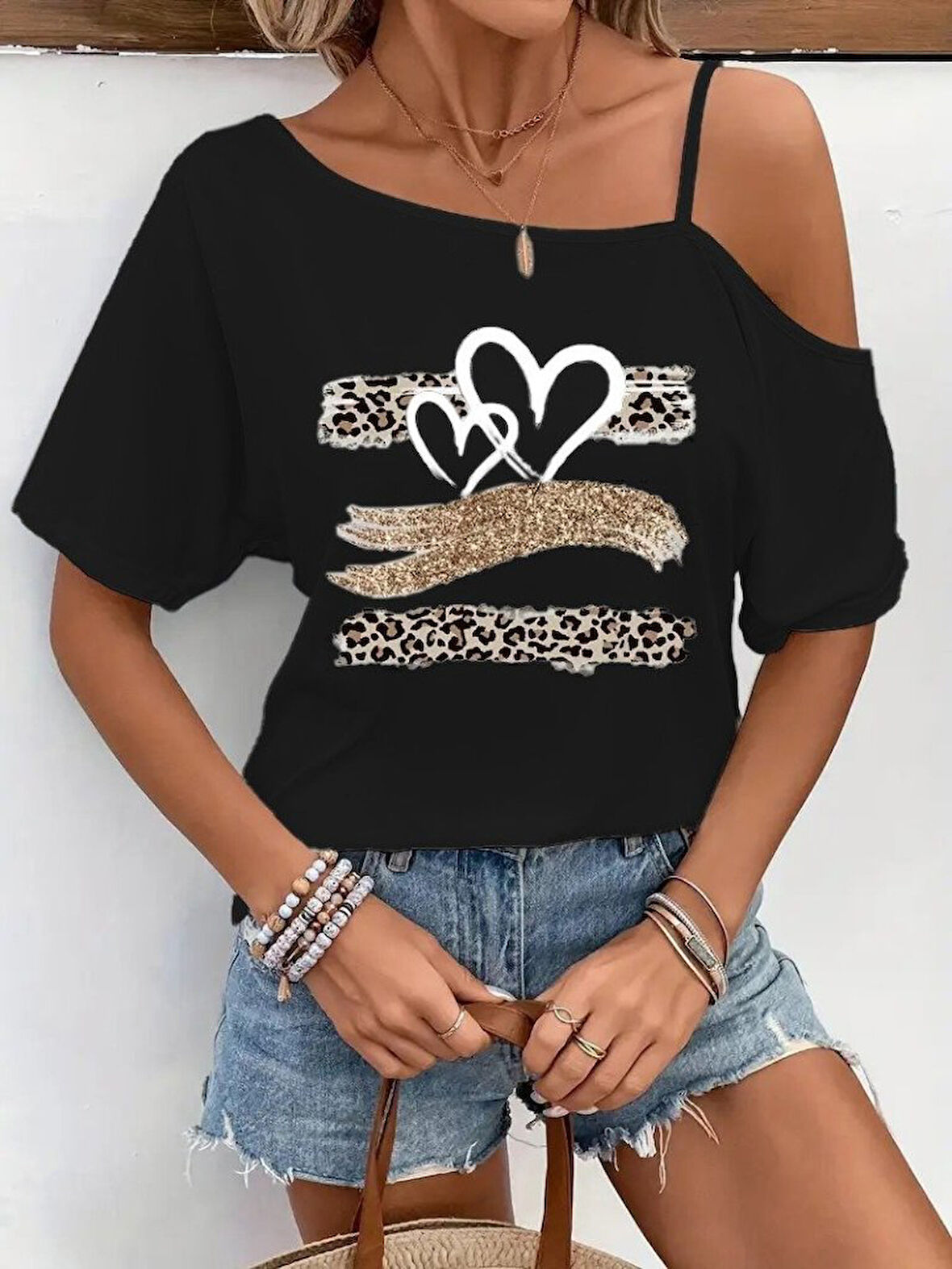 Aesco Kadın Tek Omuzu Açık Ip Askılı Baskılı Viskon Bluz