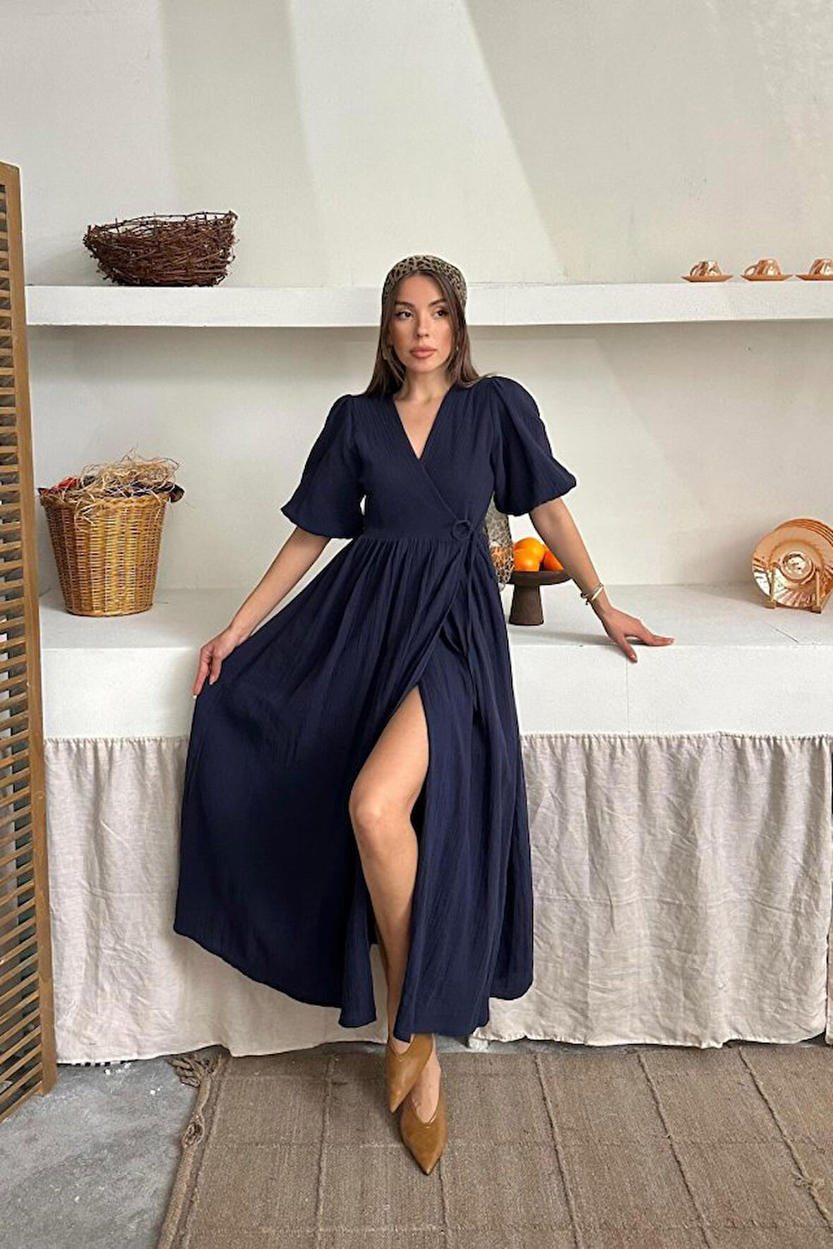 Aesco Lacivert Müslin Uzun Elbise