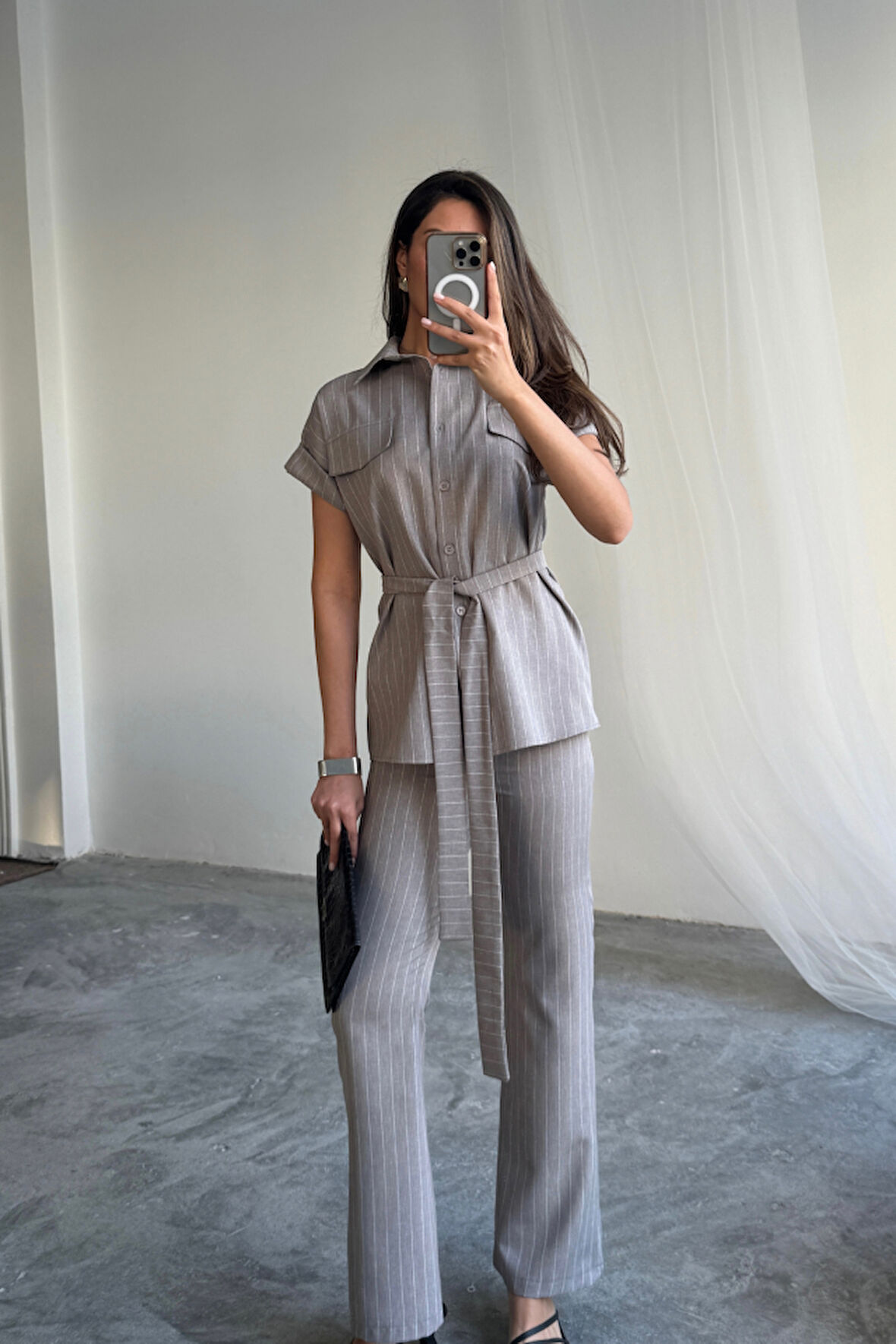 Aesco ÇİZGİLİ POLYVİSKON BLUZ - PANTOLON TAKIM - Gri