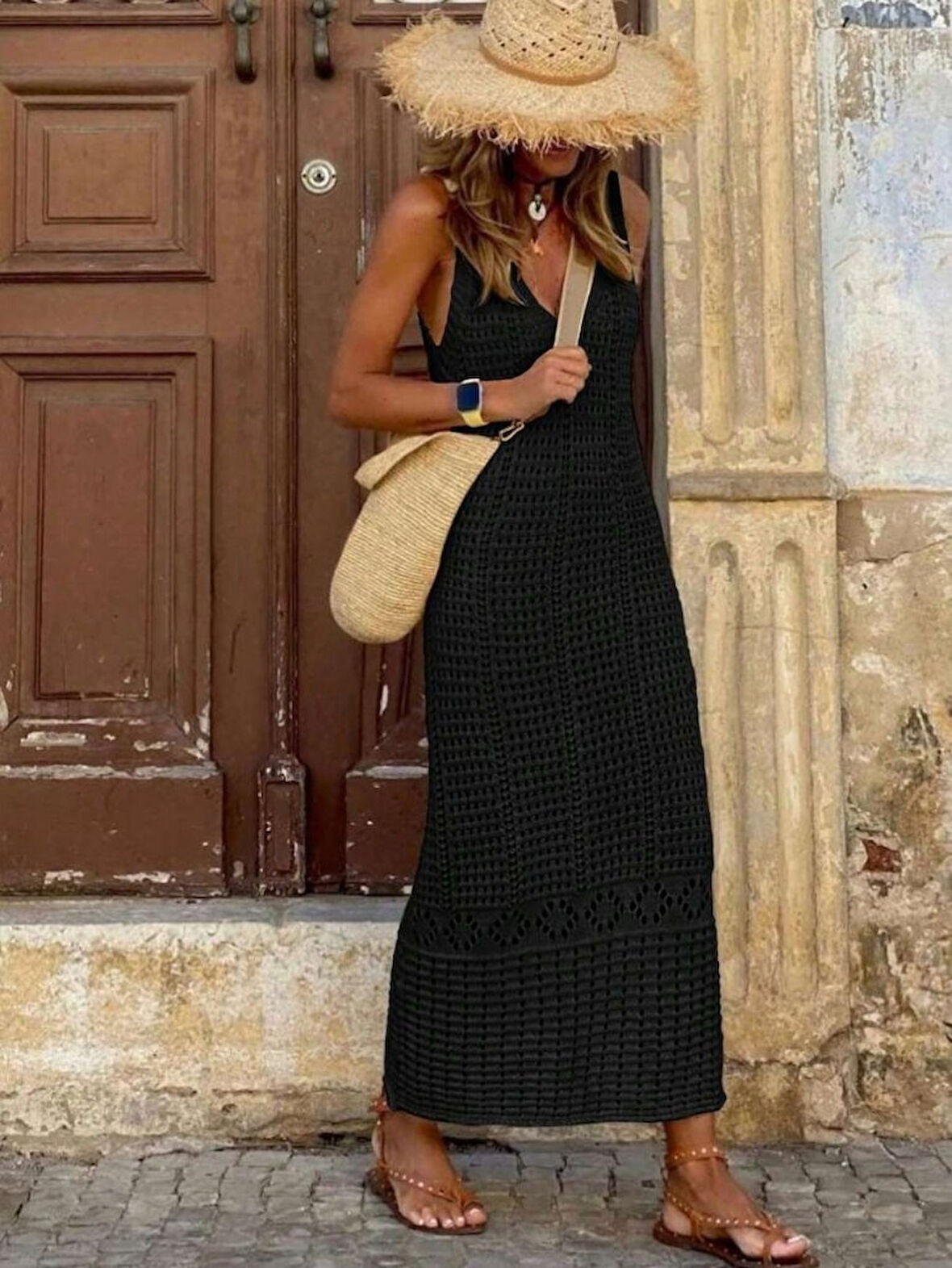 Aesco Kadın V Yaka Tam Askılı Tam Boy Ajurlu Triko Elbise