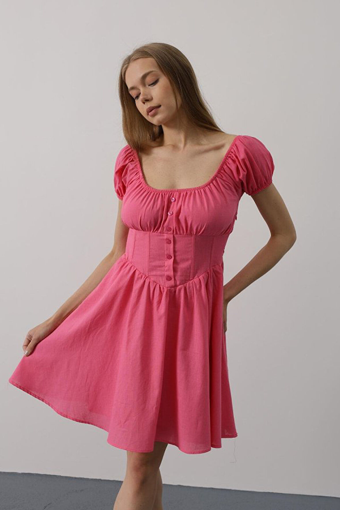 Aesco Beli Korseli Mini Elbise - Fuşya