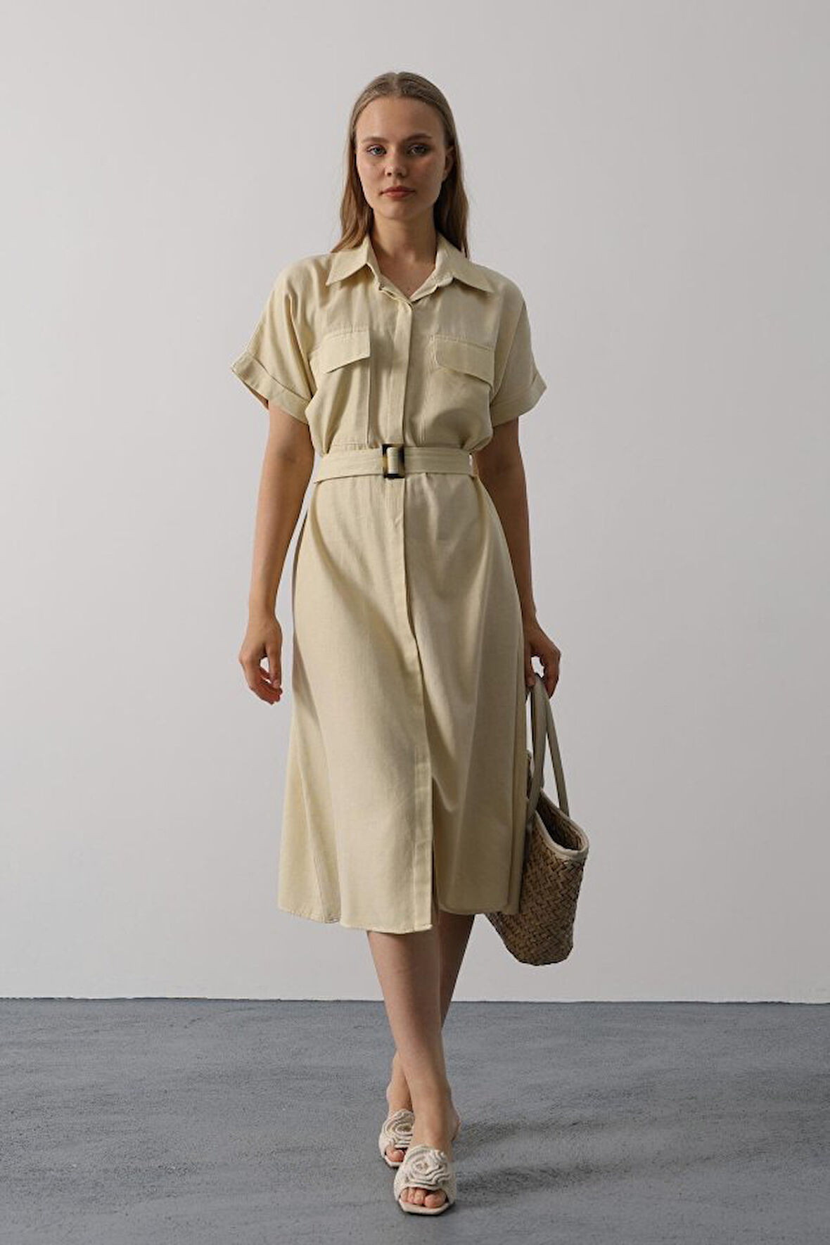 Aesco Kuşaklı Cep Detaylı Yarım Kol Elbise - Ekru