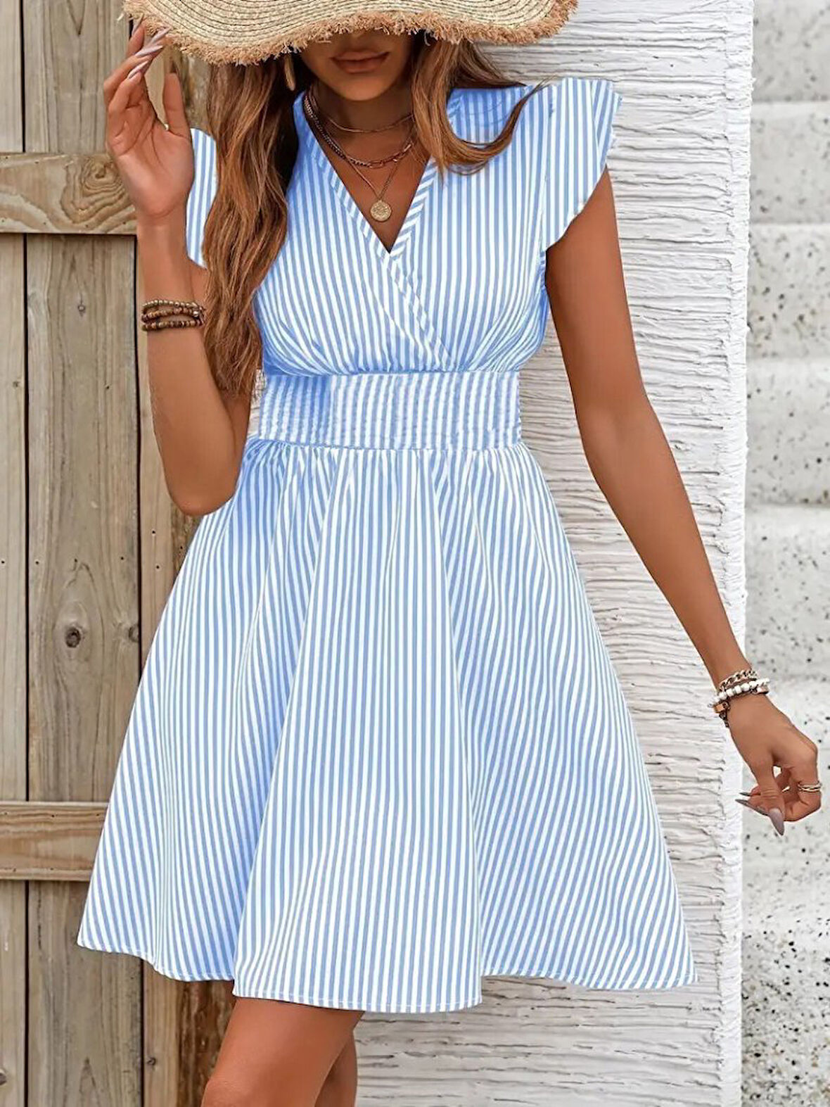 Aesco Kadın Kısa Kollu Kruvaze Yakalı Poplin Elbise