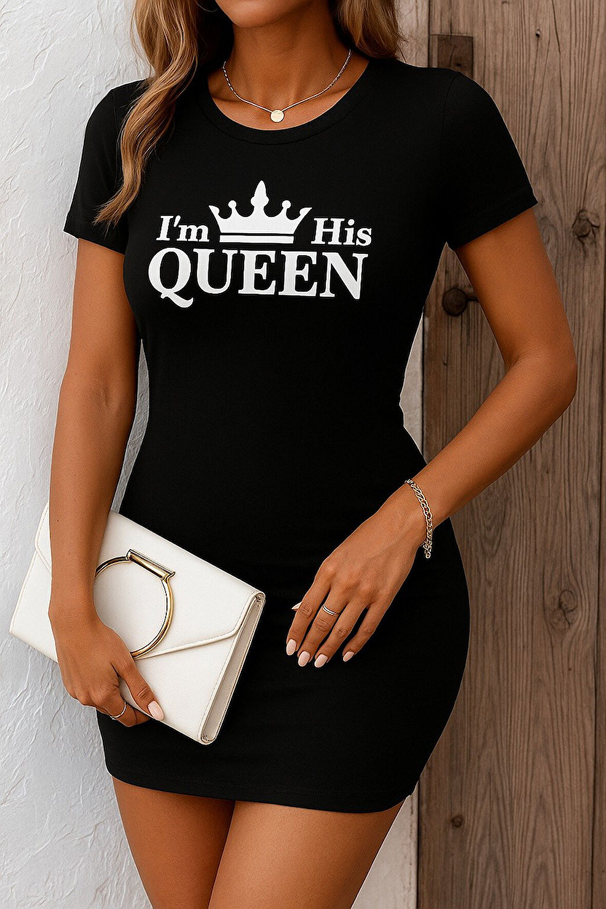 Aesco Kadın Kısa Kollu Queen Baskı Iki Iplik Mini Elbise