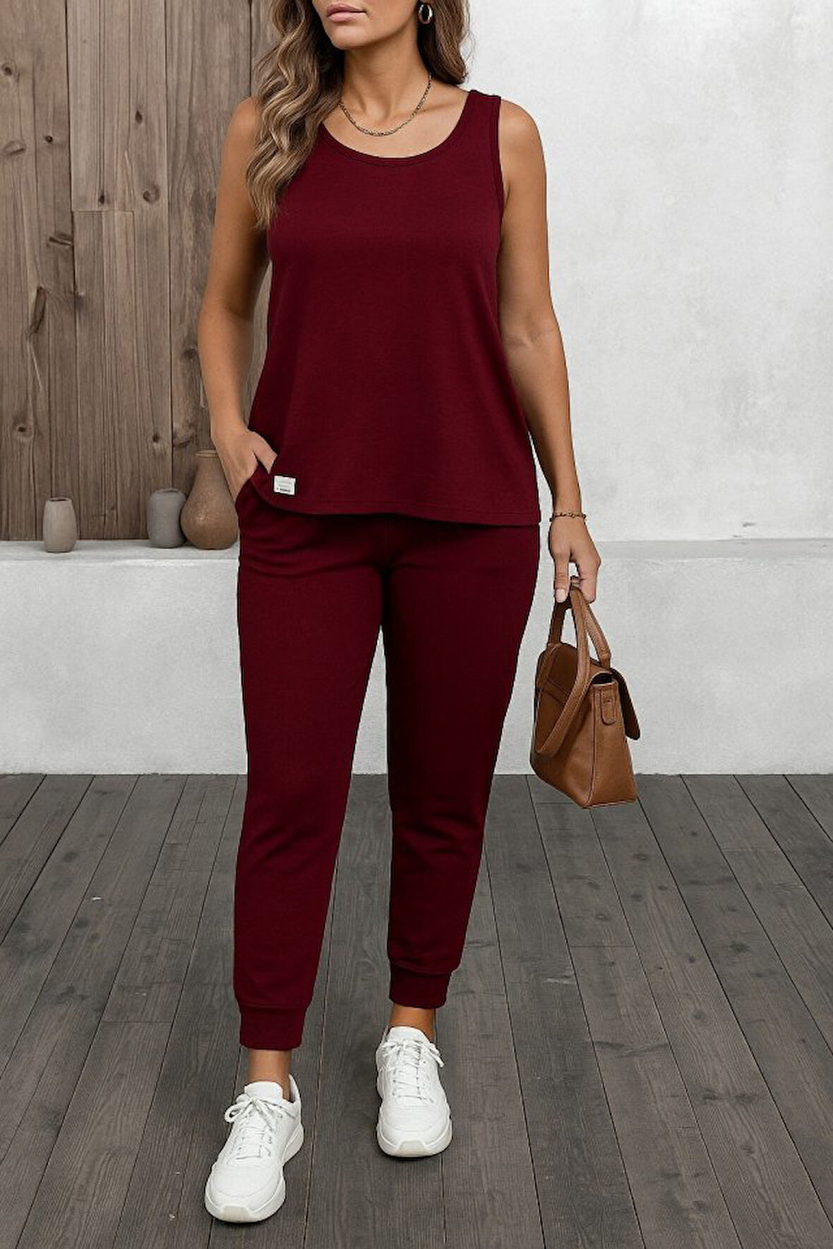 Aesco Kadın Askılı Yuvarlak Yaka Viskon Iki Iplik Bluz Ve Eşofman Altı Ikili Takım