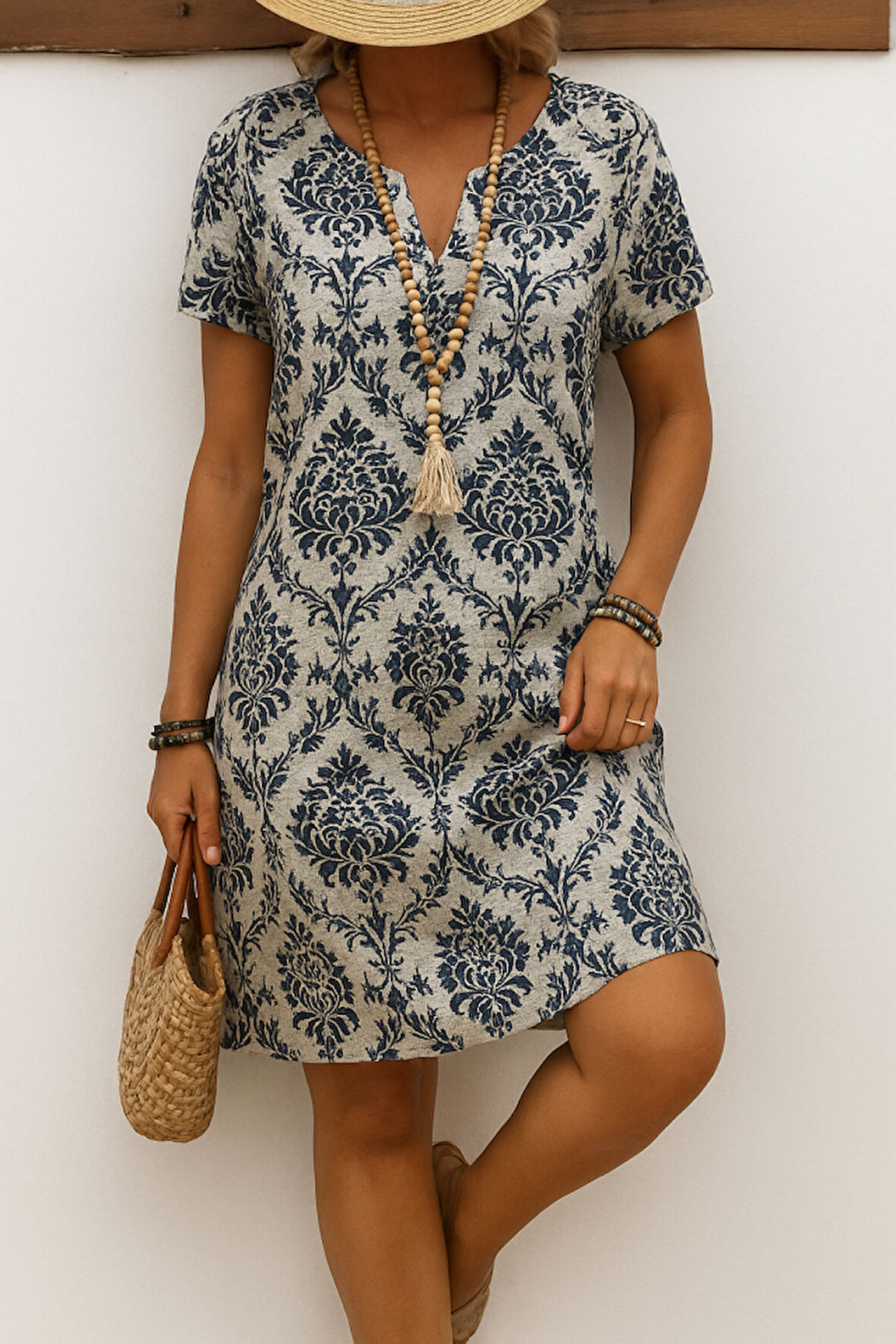 Aesco Kadın Kısa Kollu çentik Yaka çiçek Desenli Keten Elbise