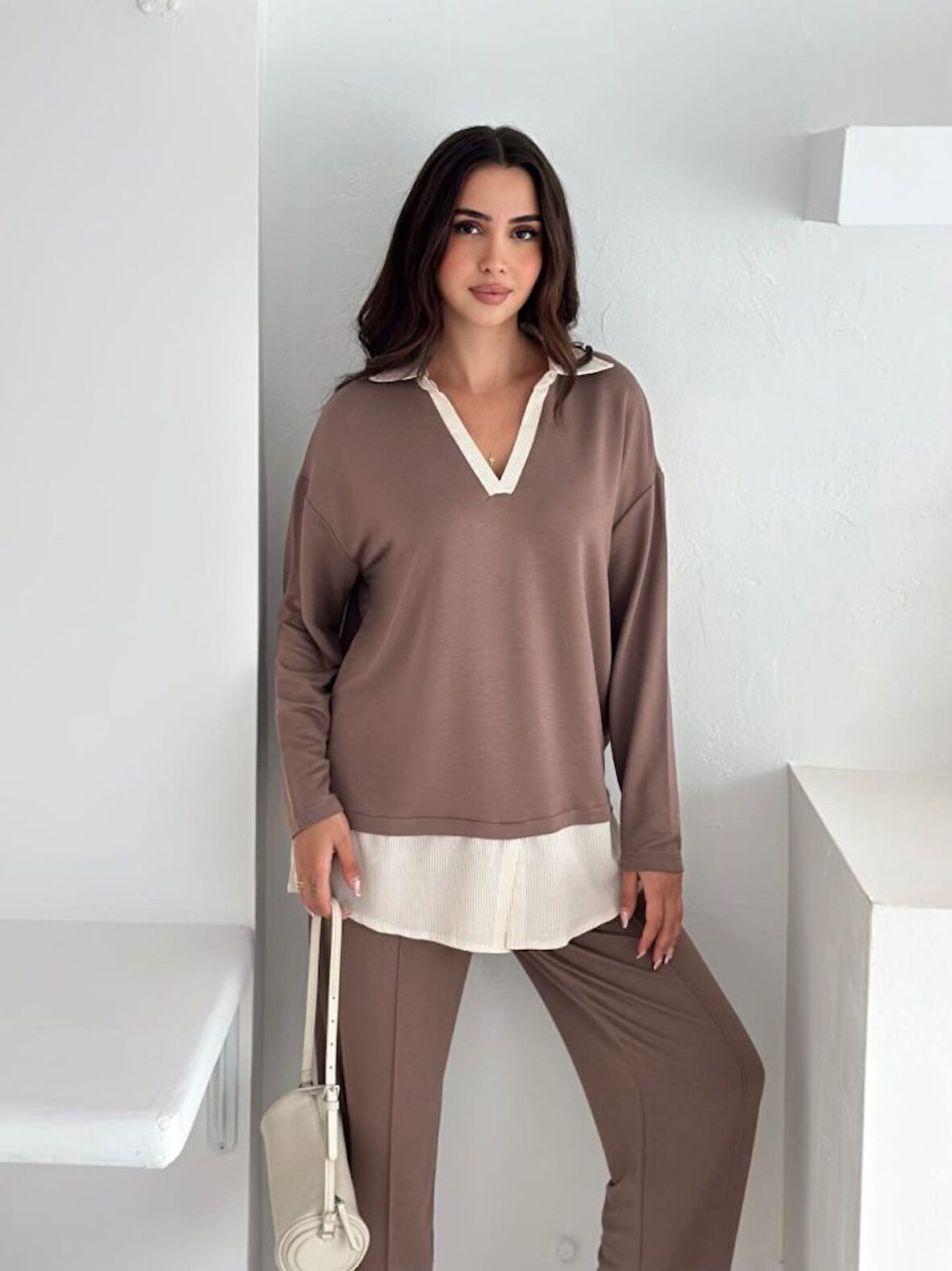 Aesco Polo Yaka Gömlek Detay Salaş Balon Pantolunlu ıkılı Takım