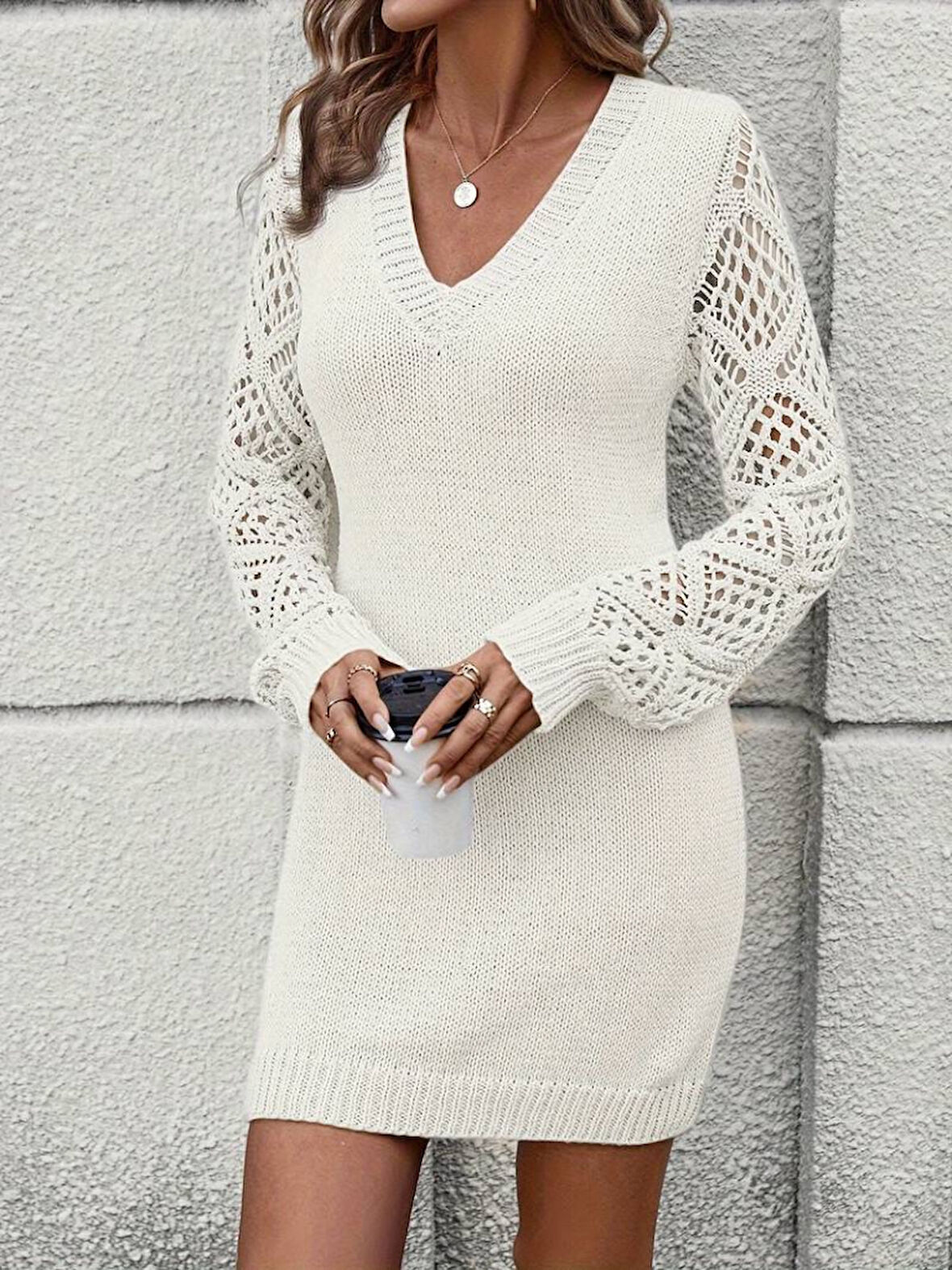 Aesco Kadın Uzun Kollu V Yakalı Mini Triko Elbise