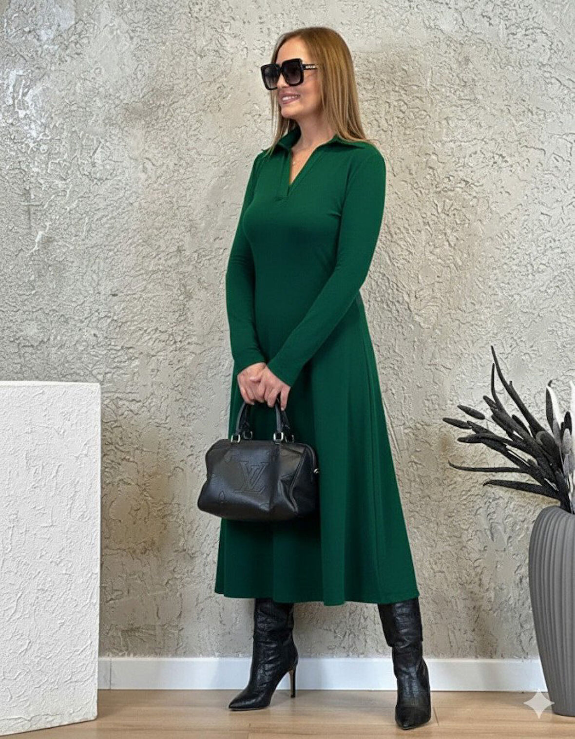 Aesco Kadın Uzun Kollu Yakalı Midi Viskon Iki Iplik Elbise