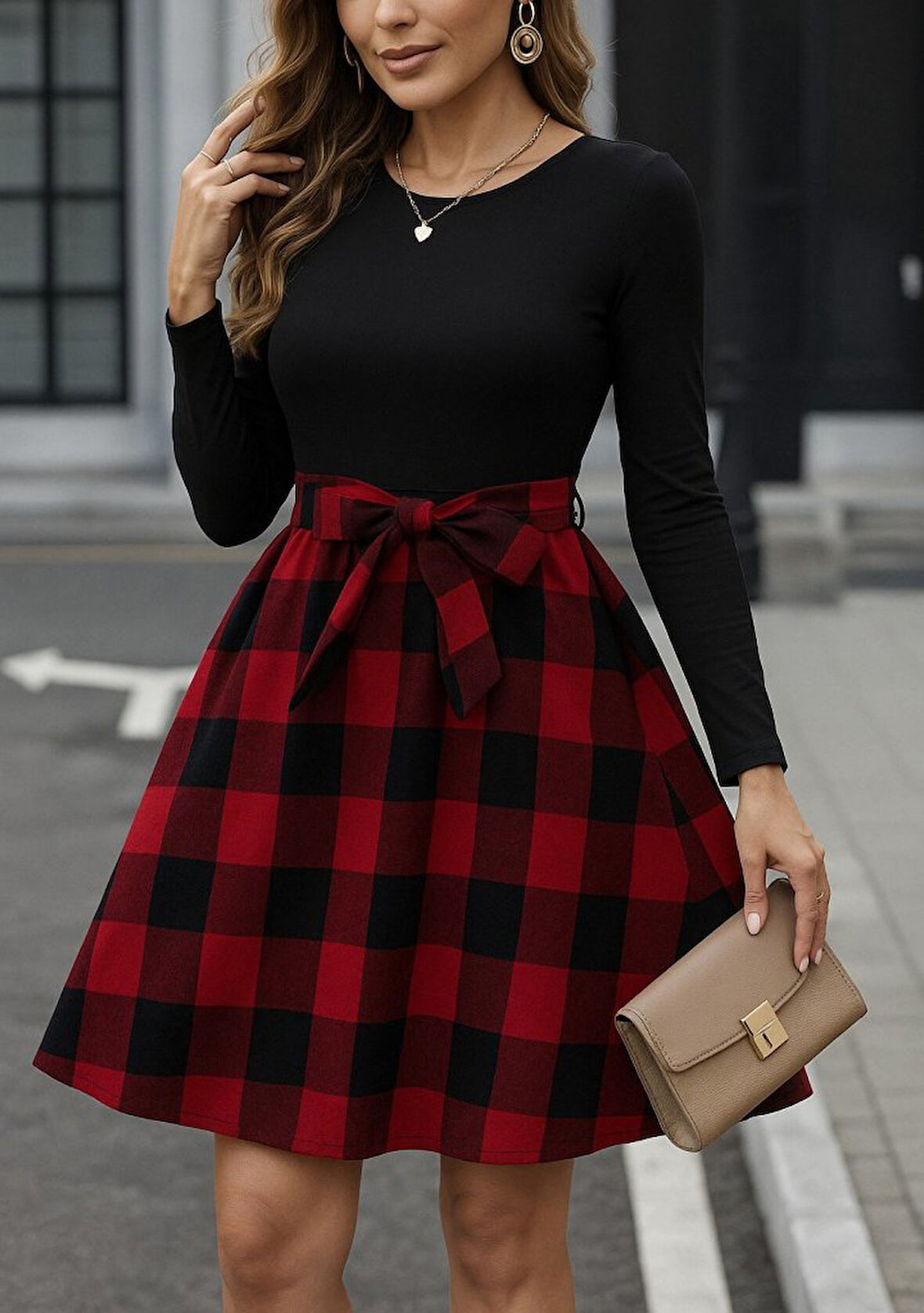 Aesco Kadın Uzun Kollu Bisiklet Yaka üst Viskon Alt Ekose Kısa Elbise