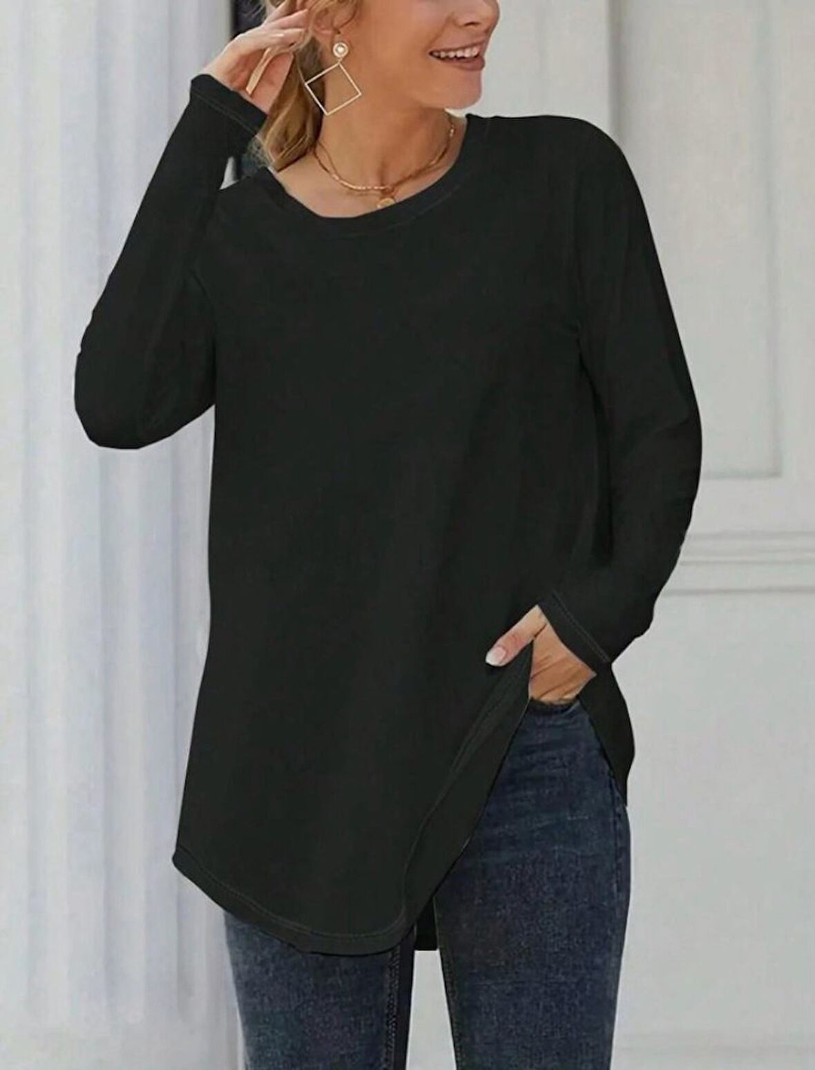 Aesco Kadın Uzun Kollu Yuvarlak Yaka Salaş Iki Iplik Bluz
