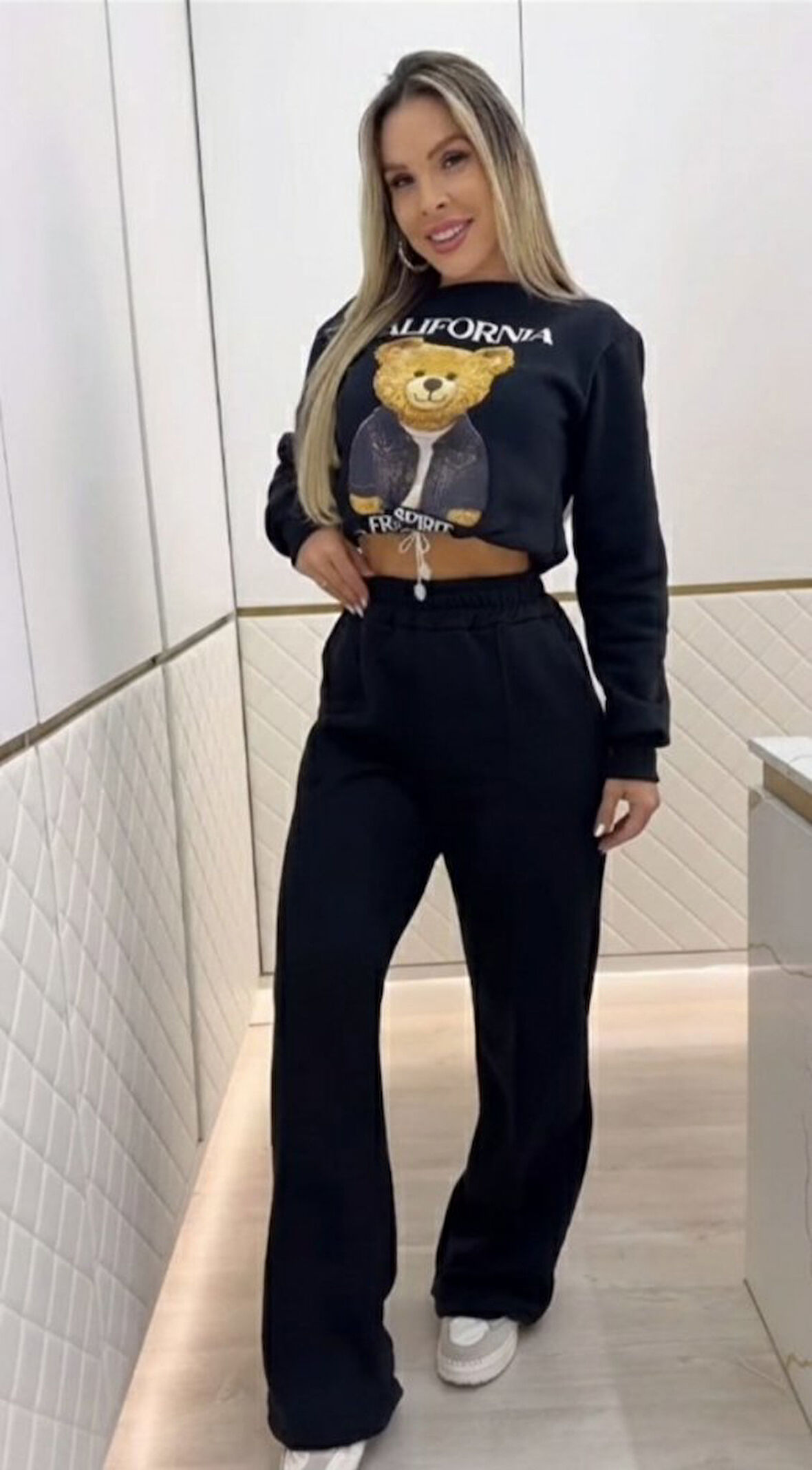 Aesco Kadın Uzun Kollu Bisiklet Yaka Desenli Iki Iplik şardonlu Bluz Ve Pantolon Ikili Takım