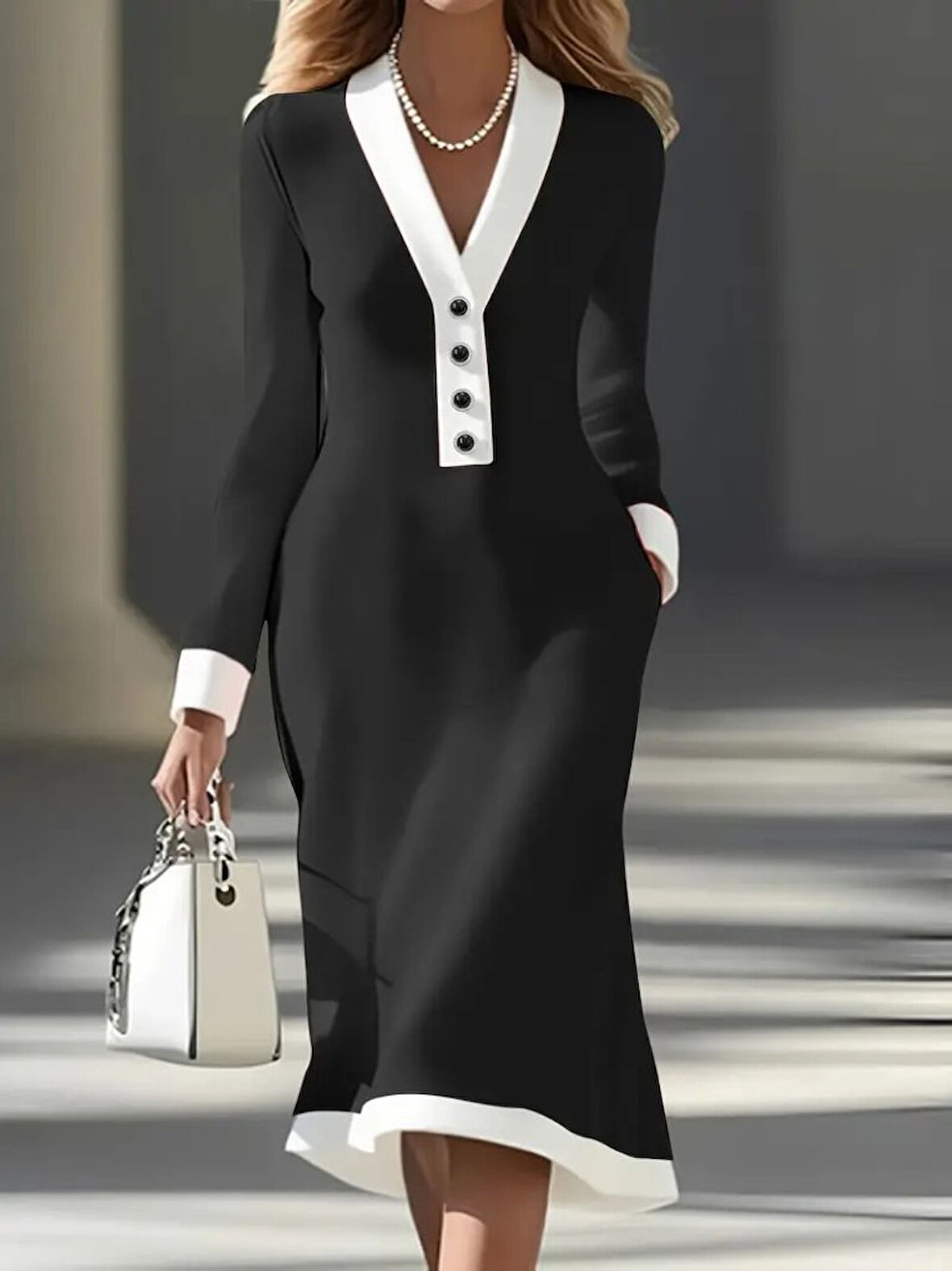 Aesco Kadın Uzun Kollu V Yakalı Düğmeli Midi Modal Elbise