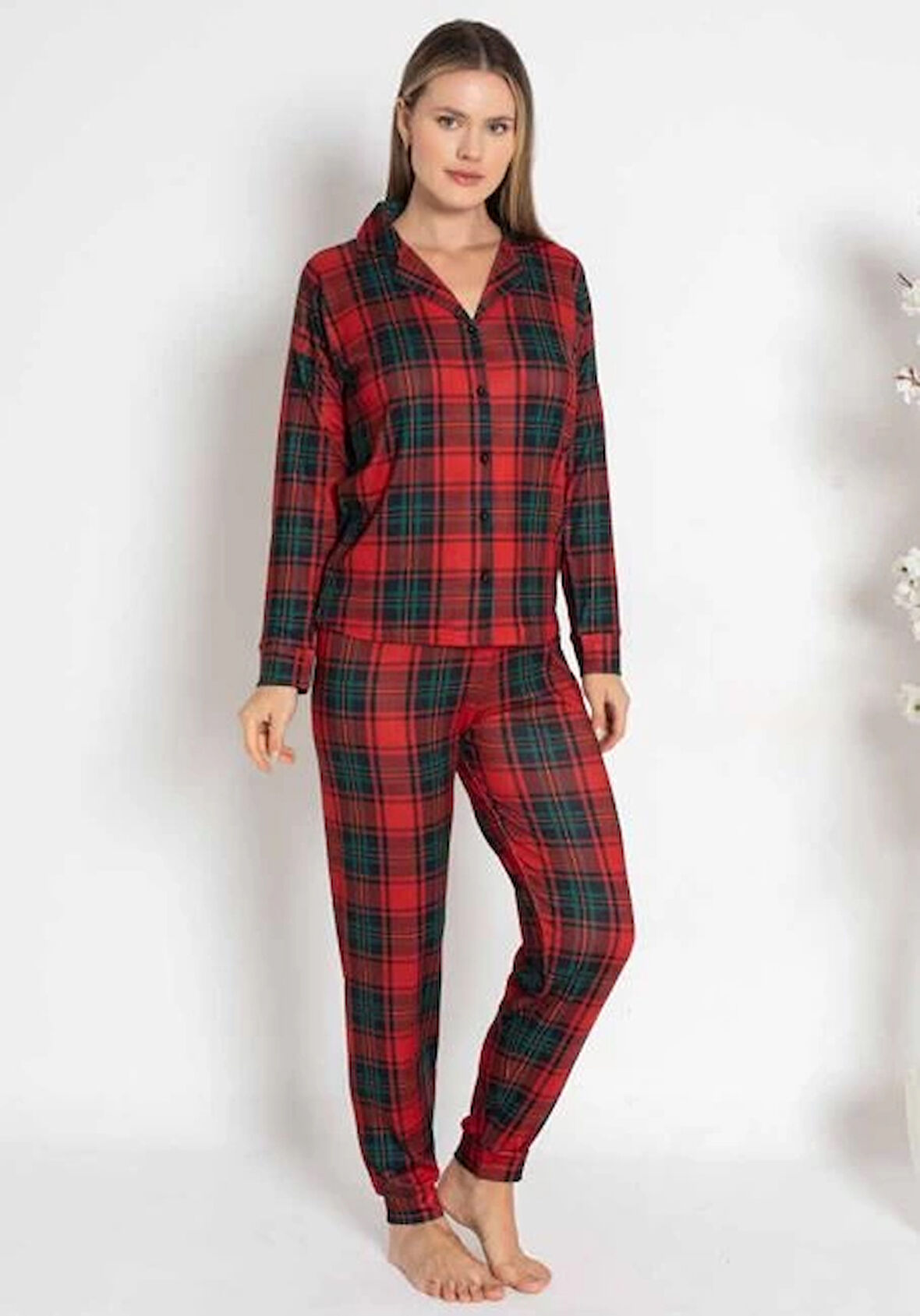 Aesco Estiva 24494 kadın Termal Önü Düğmeli Ekoseli Pijama Takımı