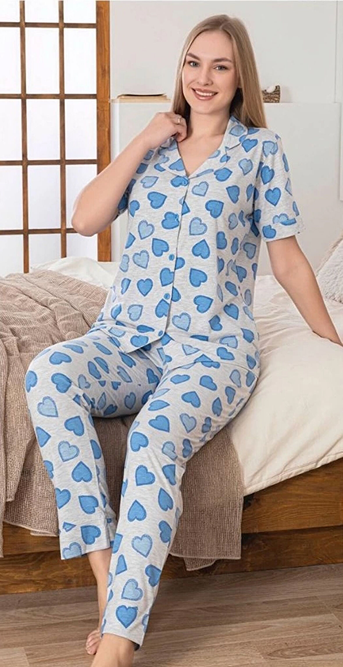 Aesco Alissa 6275 Kadın Mavi Kalp Desenli Patlı Pijama Takımı