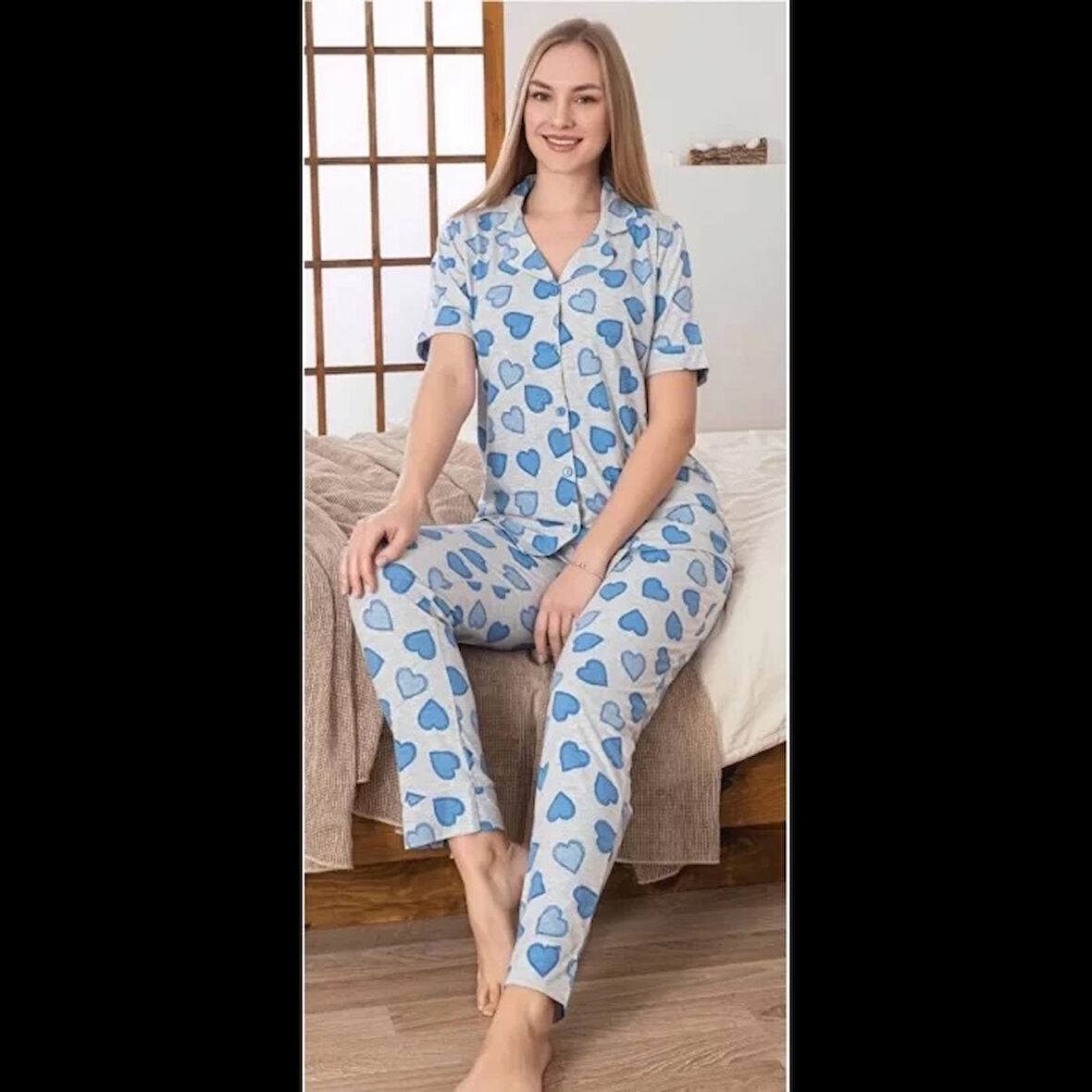 Aesco Freshness 108 Mavi Kalpli Patlı Kısa Kol Pijama Takımı