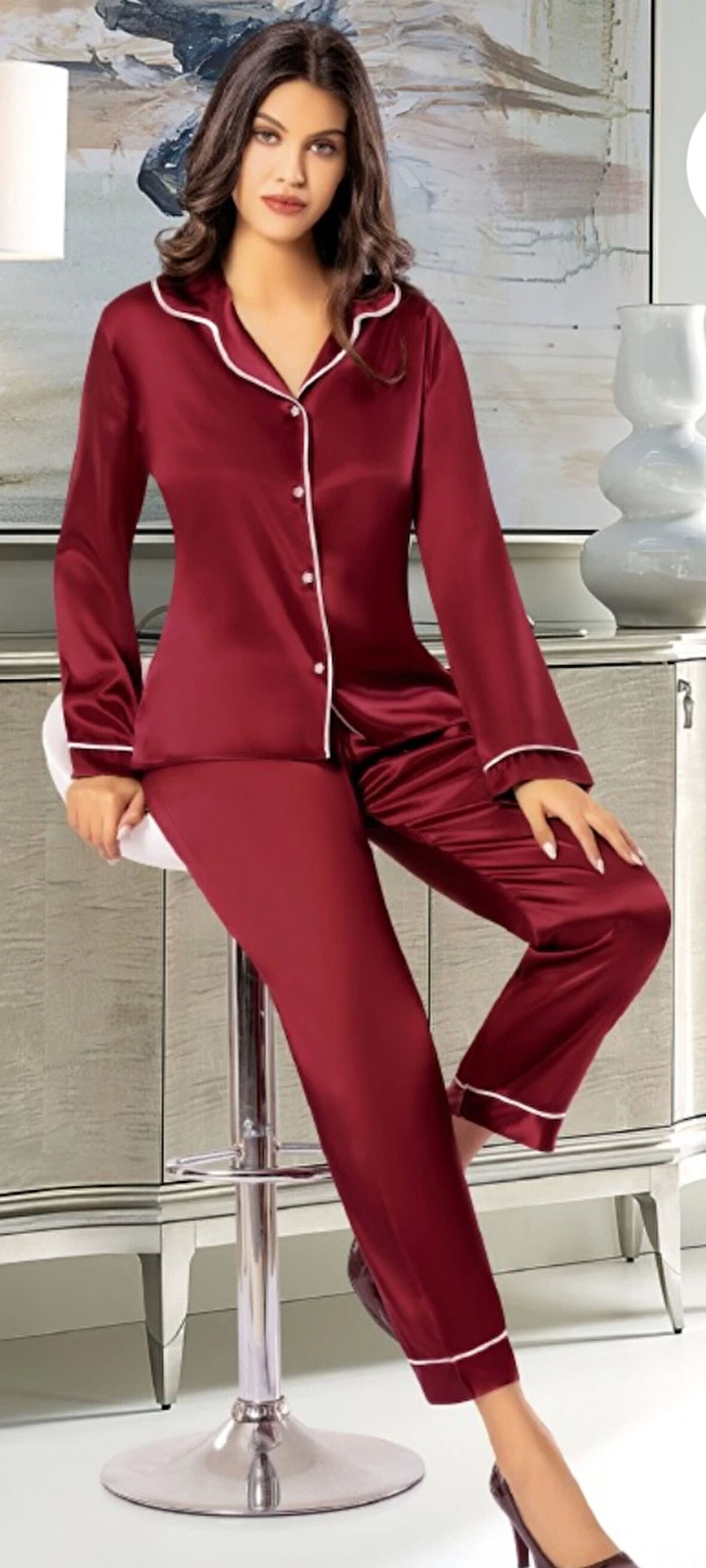 Aesco Freshness 2045 Saten Gömlek Yaka Patlı Pijama Takımı