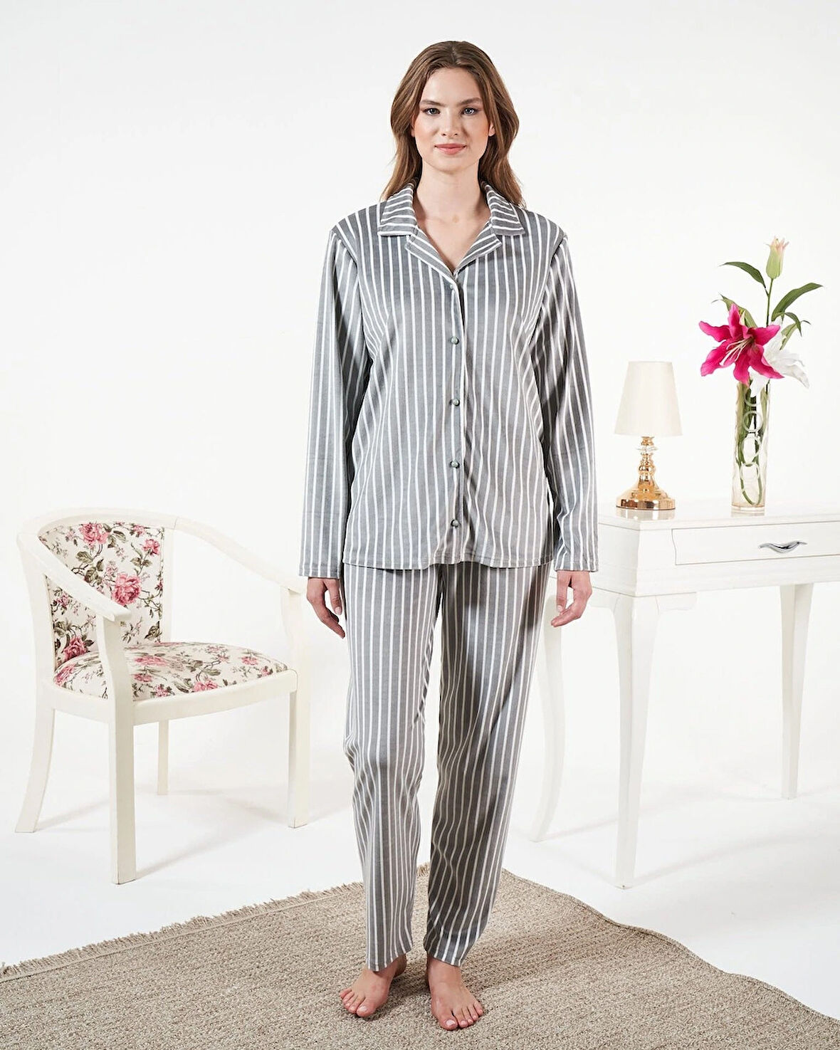 Aesco Estiva 25360 Gömlek Yaka Çizgili Kadife Pijama Takımı