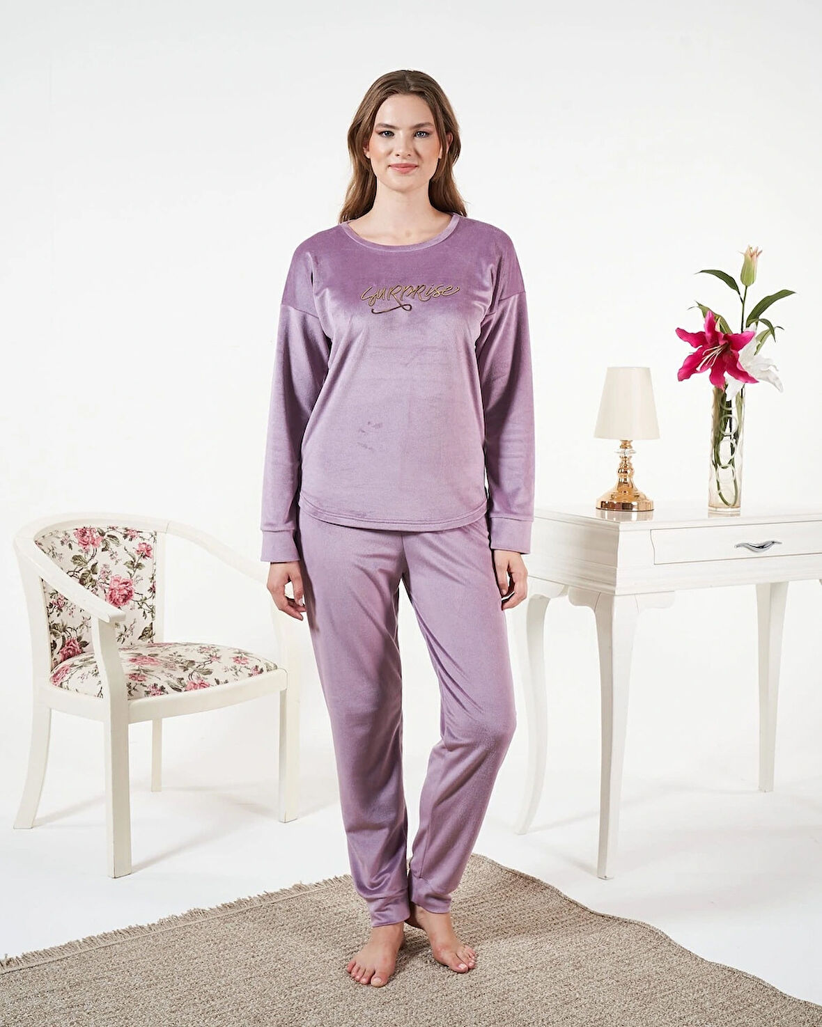 Aesco Estiva 25381 Uzun Kol Kadife Pijama Takımı