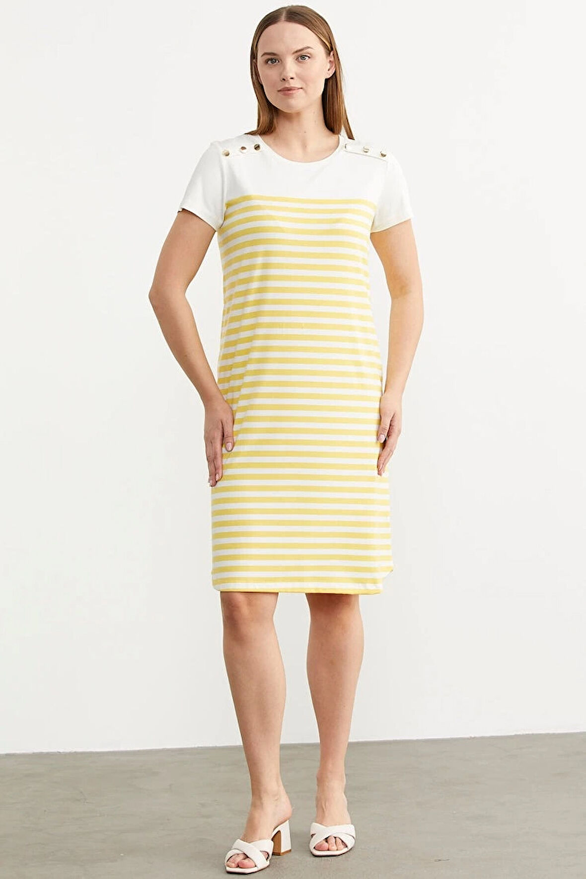 Aesco Sementa 77482 Düğme Detaylı Çizgili Penye Elbise