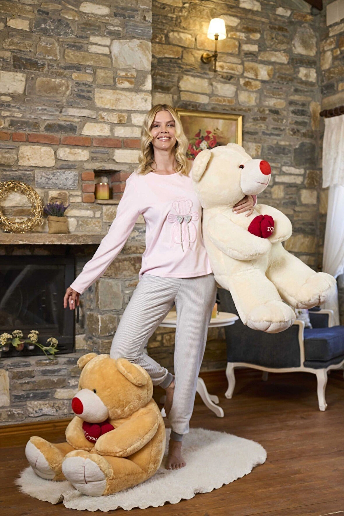 Aesco Aqua 26228 Kadın Uzun Kol Ayıcık Detaylı Pijama Takım