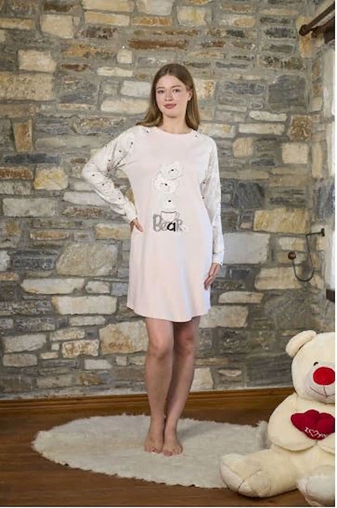 Aesco Aqua 26236 Uzun Kol Ayıcık Baskılı Gecelik