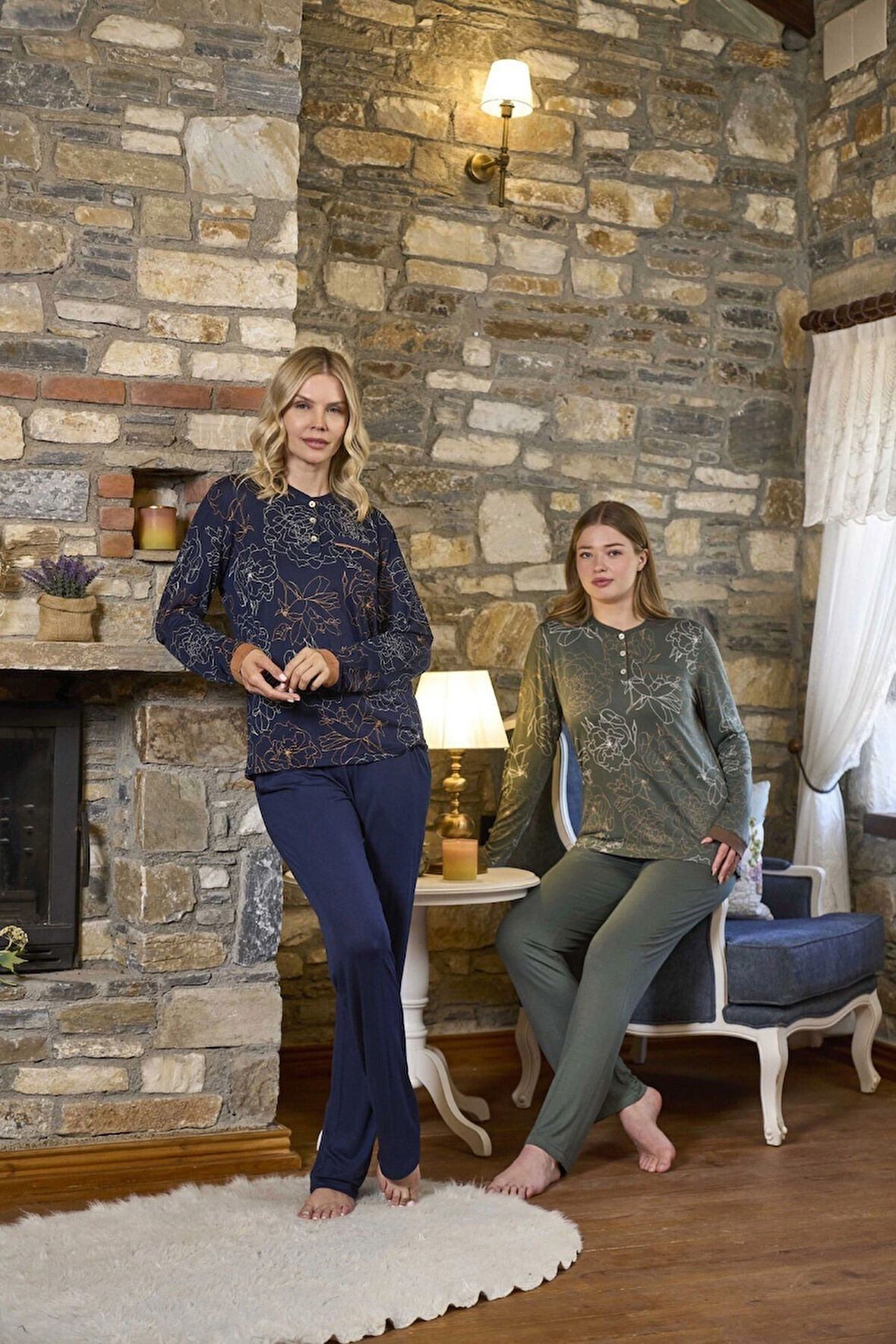 Aesco Aqua 26388 Kadın Battal Desenli Uzun Kol Pijama Takım