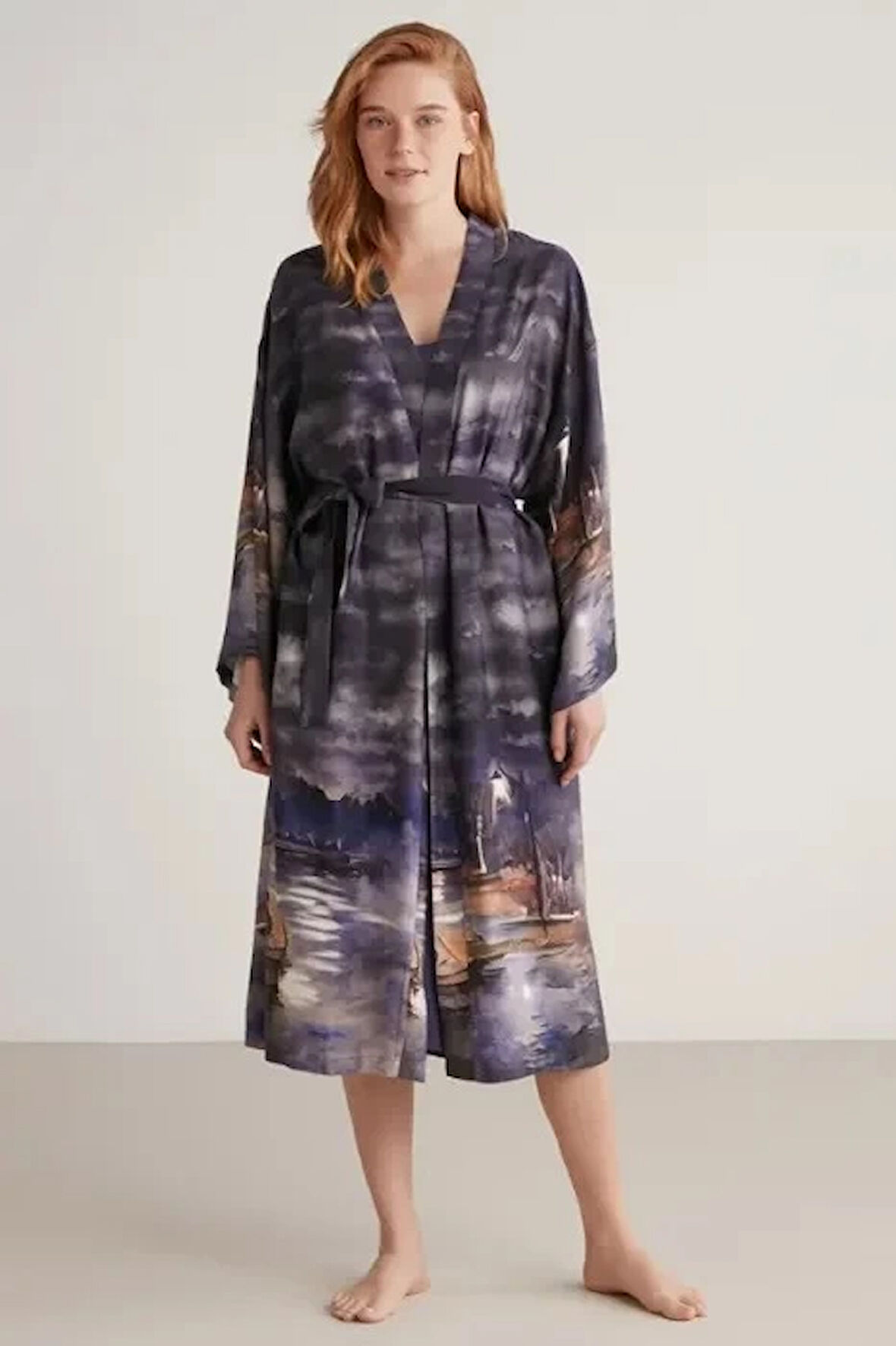 Aesco Nautıca W603 Kadın Baskılı Uzun Gecelik ve Sabahlık Takımı