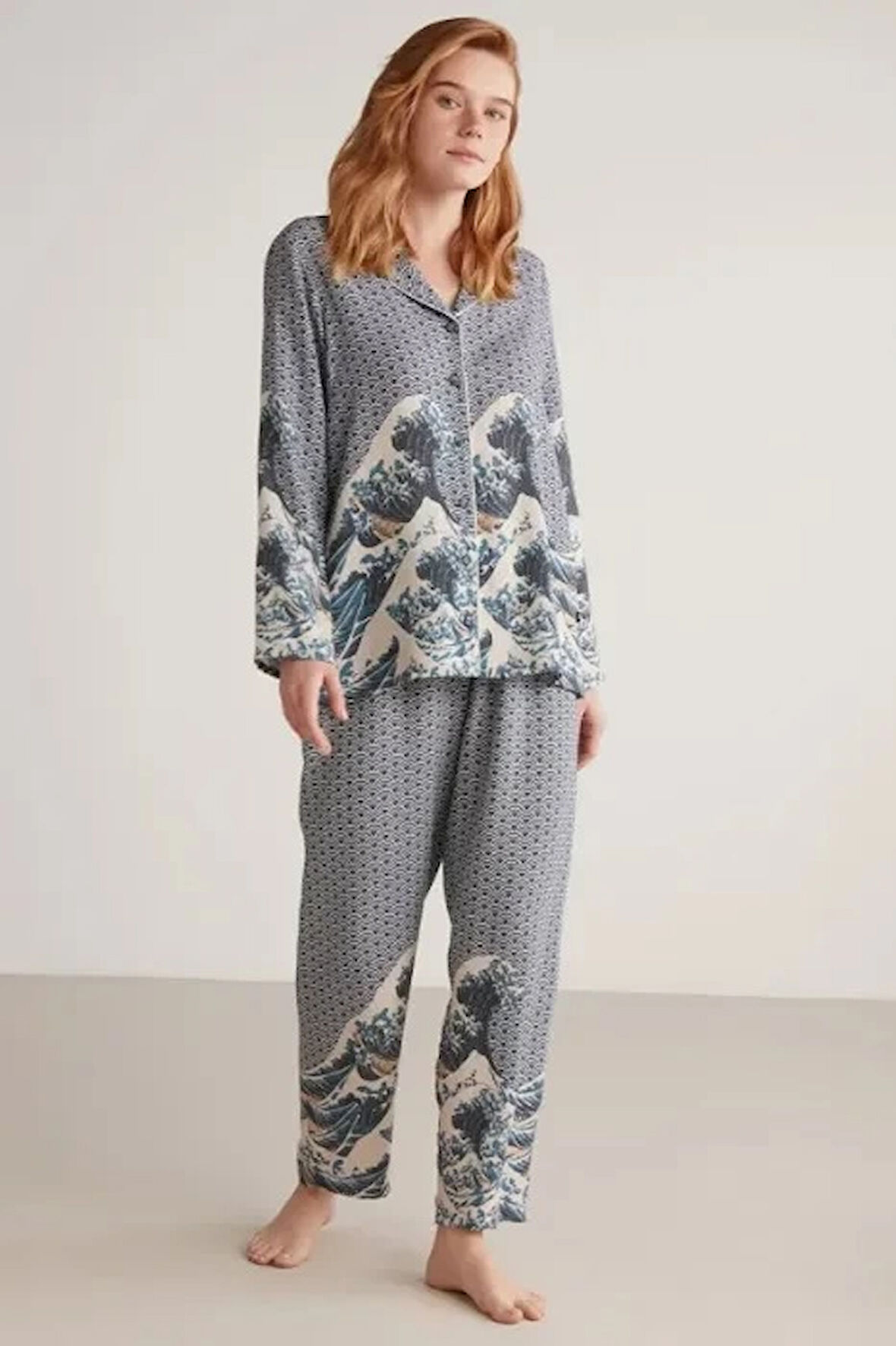 Aesco Nautıca W617 Kadın Uzun Kollu Önden Düğmeli Pijama Takımı