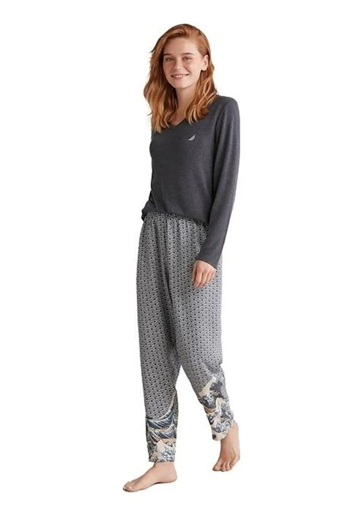 Aesco Nautıca W618 Kadın Patlı V Yaka Uzun Kollu Pijama Takımı