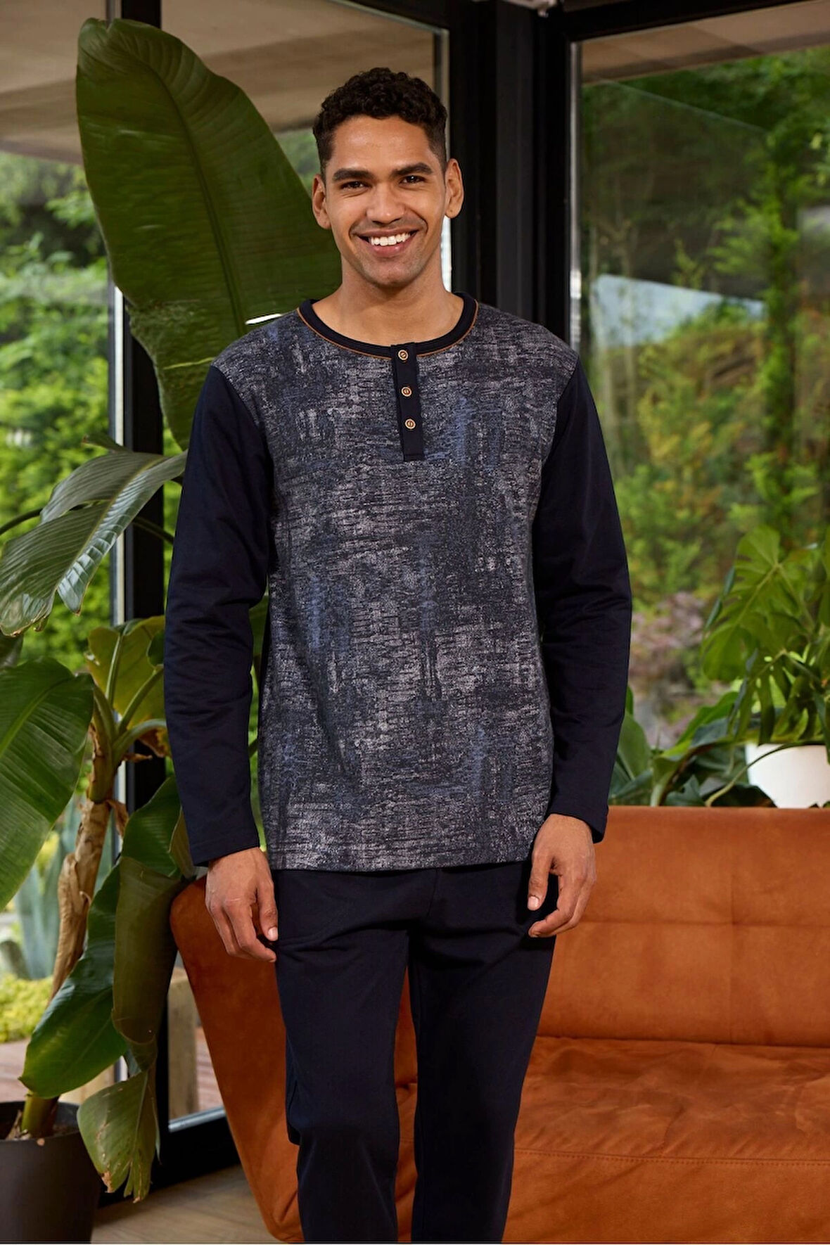 Aesco Kocabey 8053 Erkek Midi Yaka Uzun Kollu Pijama Takımı