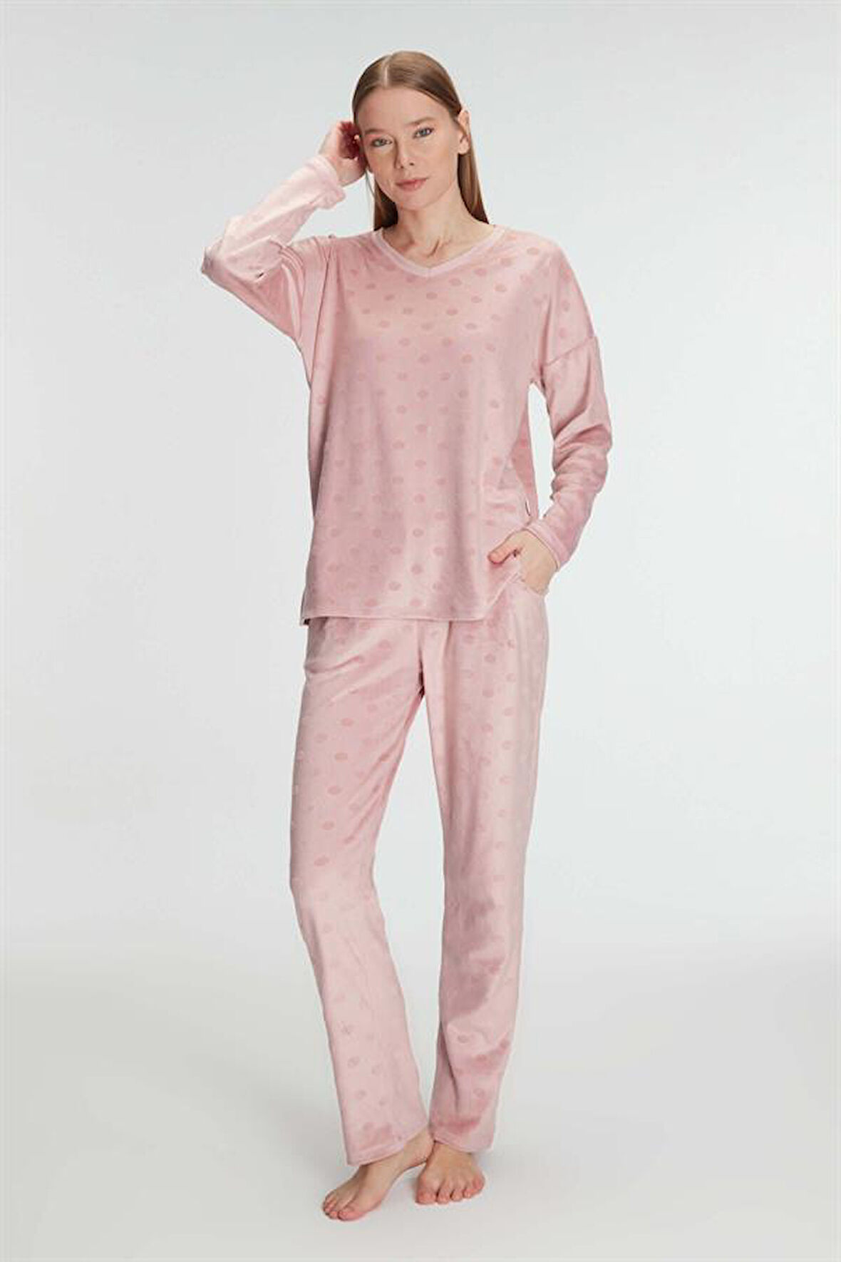 Aesco Uzun Kol V Yaka Sweatshirt ve Pantolon Takım Pijama Takımı