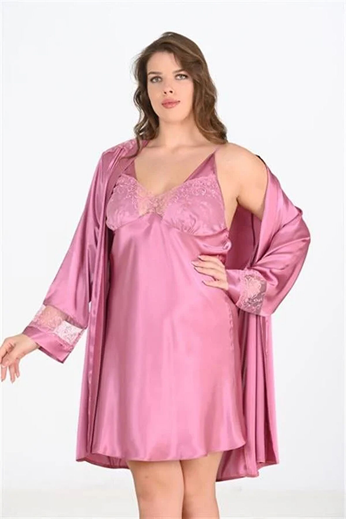 Aesco Büyük Beden 2li Gülkurusu Sabahlık Takımı Bigsize 6204