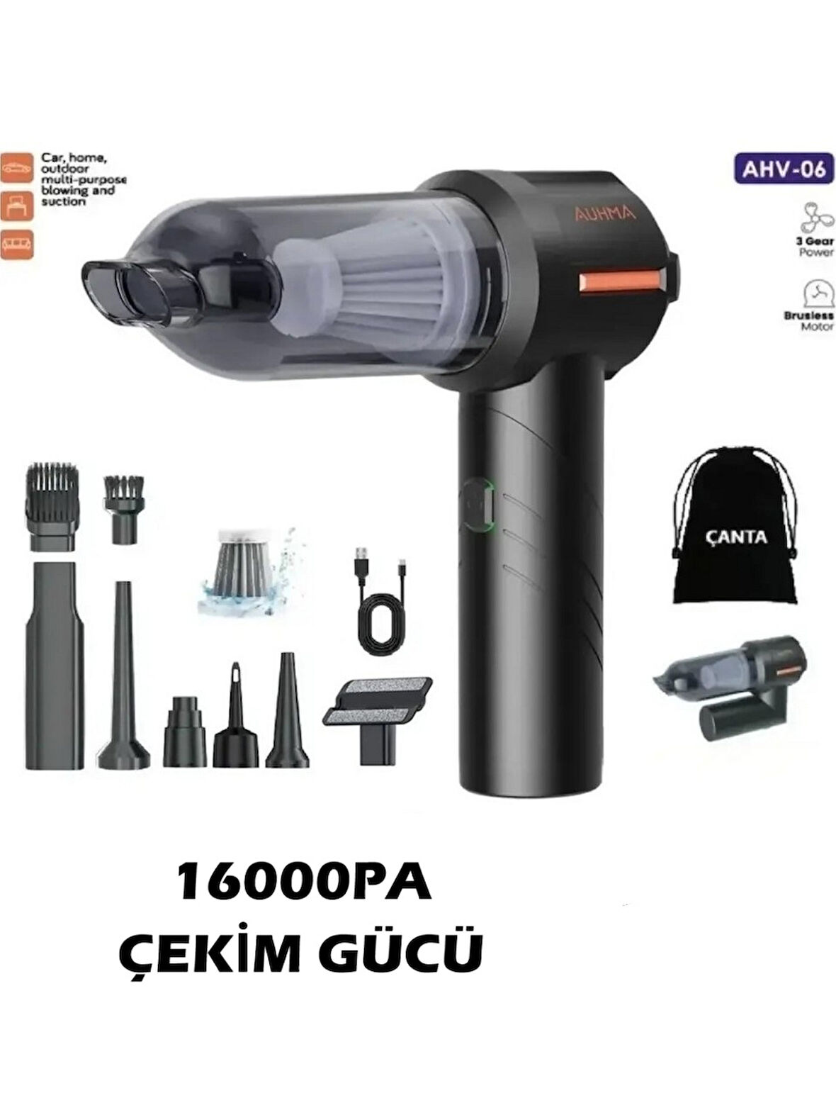 Auhma Ahv-06 16.000PA Katlanabilir 3 Kademeli Kablosuz Araç İçi Süpürge Profesyonel Ultra Çekim Güçlü Mini Araç Süpürgesi