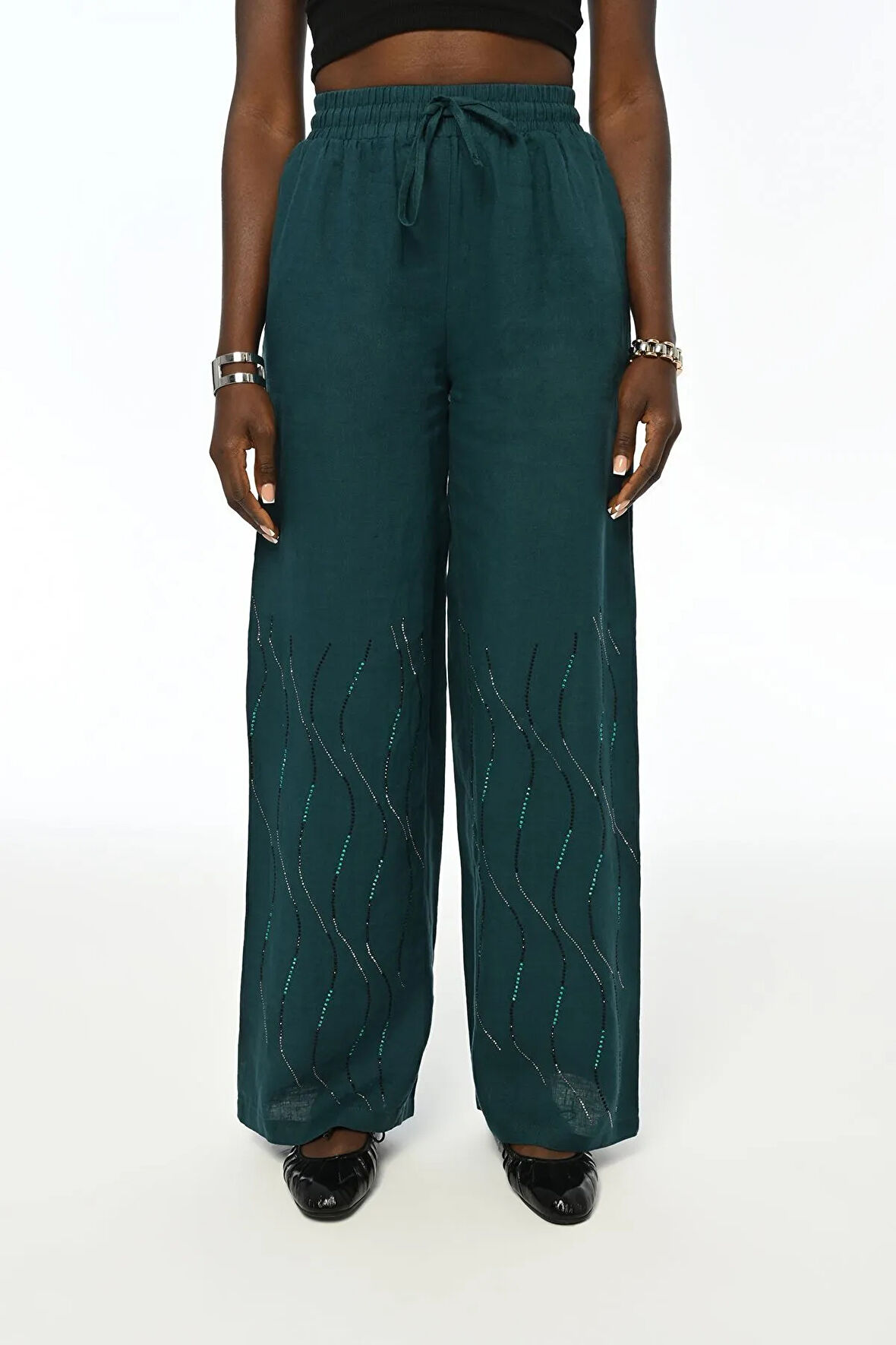 KADIN %100 KETEN NAKIŞ İŞLEMELİ RAHAT KALIP BOL PAÇA PETROL RENK PANTOLON