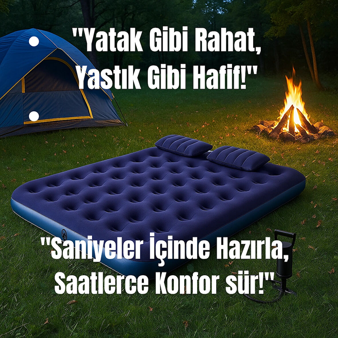 Çift Kişilik Şişme Yatak + El Pompası | 203x152x22 cm | Kamp, Ev, Araç İçi Konfor