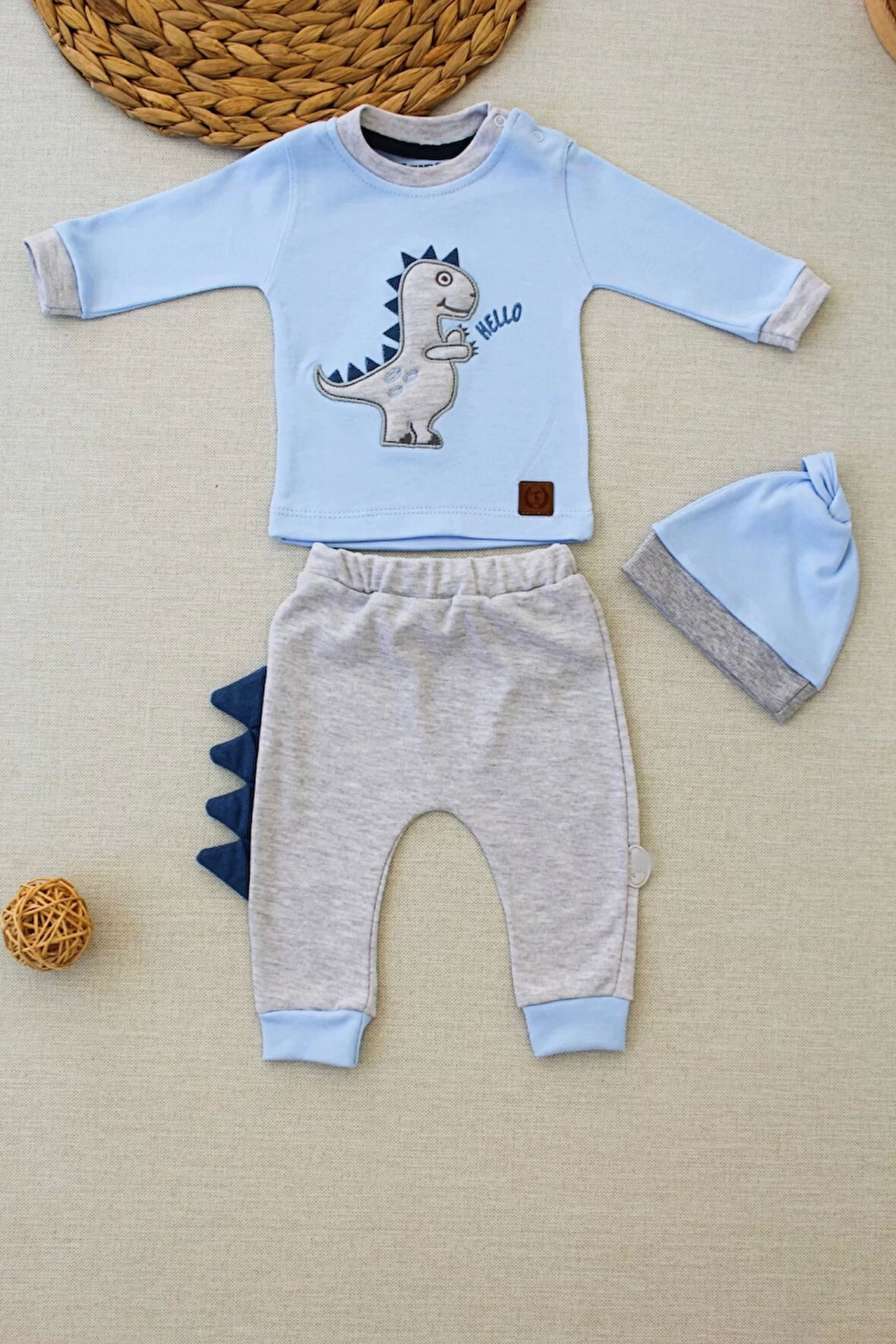 3-6 6-9 9-12 Ay Minik Dino Nakışlı Şapkalı Uzun Kollu Sweat 3lü Kız-erkek Bebek Takımı Mavi