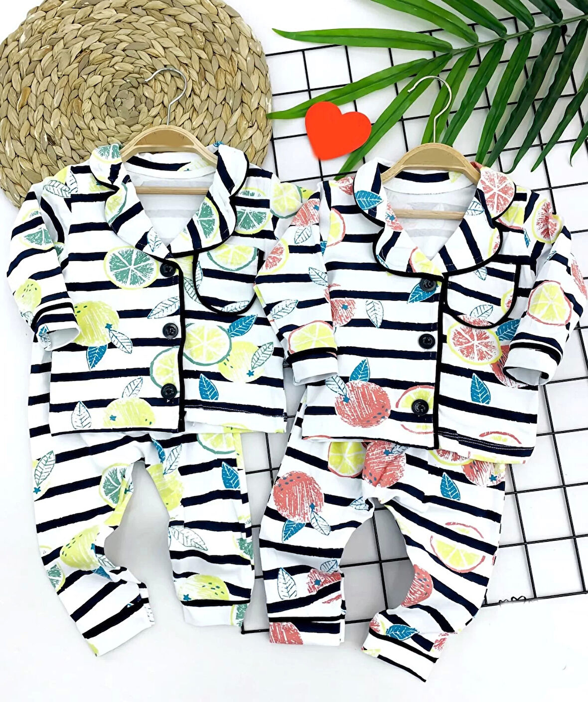 9-12-18-24 Ay Çizgili Meyve Desenli Düğme Kapamalı 2li Kız Erkek Bebek Pijama Takımı Sarı
