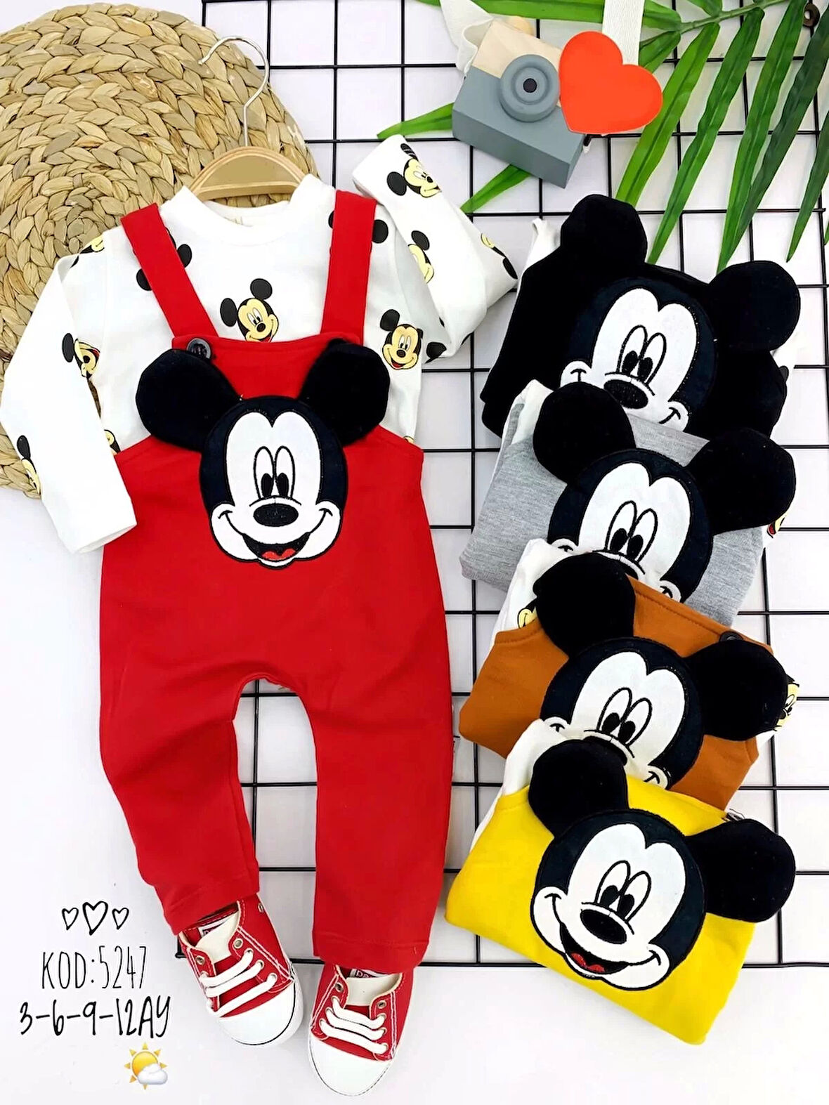 3-6-9-12 Ay Mickey Figürlü Uzun Kollu Baskılı Sweatli 2li Kız Erkek Bebek Salopet Takımı Kırmızı