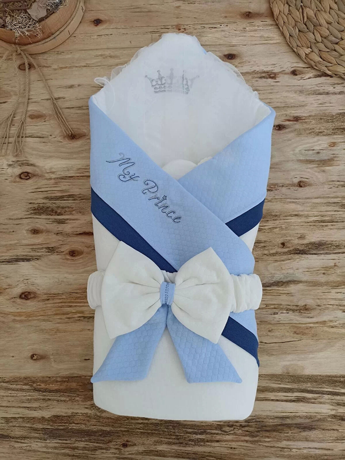 Yenidoğan Bal Peteği My Prince Taç Nakışlı Delüks Kundak Bebek Battaniyesi Mavi