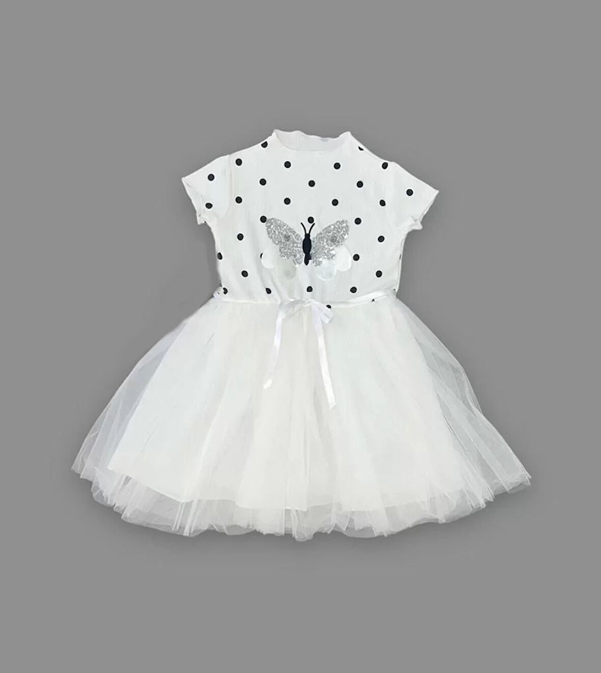 5-6-7 Yaş Payetli Kelebek Desenli Puantiyeli Kız Çocuk Elbisesi Beyaz